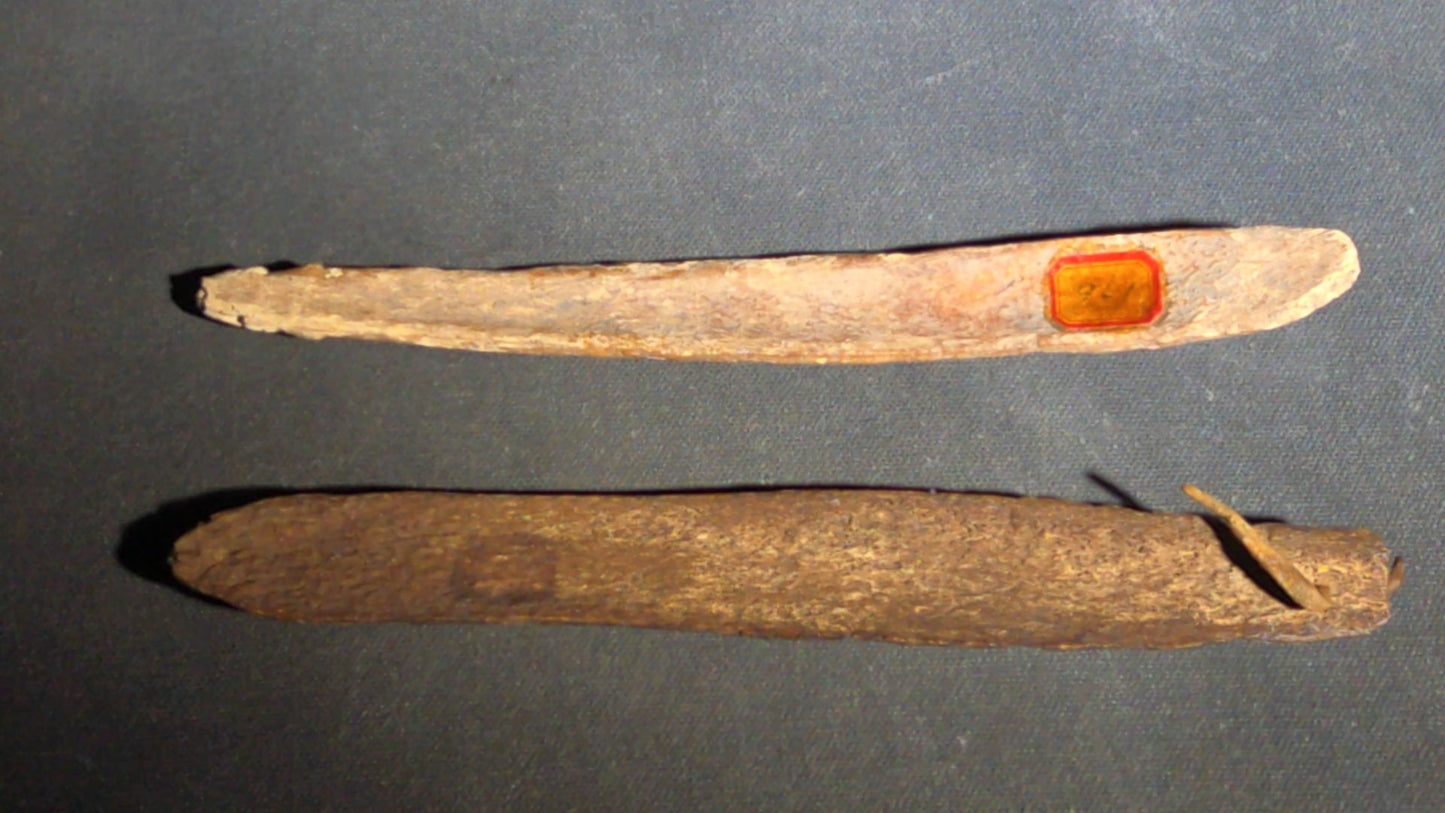 Grouping of 10 Antique Native American Carved Bone Implements including Incised and Relief-Carved Examples with Leather Ties and Drilled Holes
