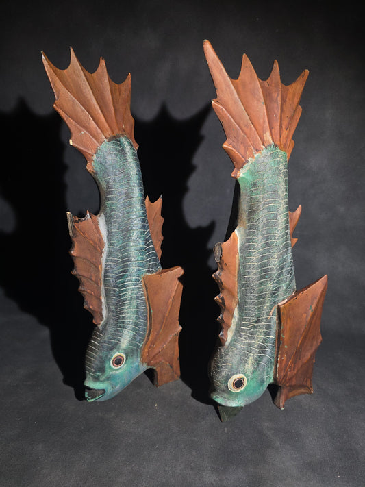 Pair of Vintage Folk Art Hand-Carved Painted Fish Figures with Glass Eyes, Signed "DL"