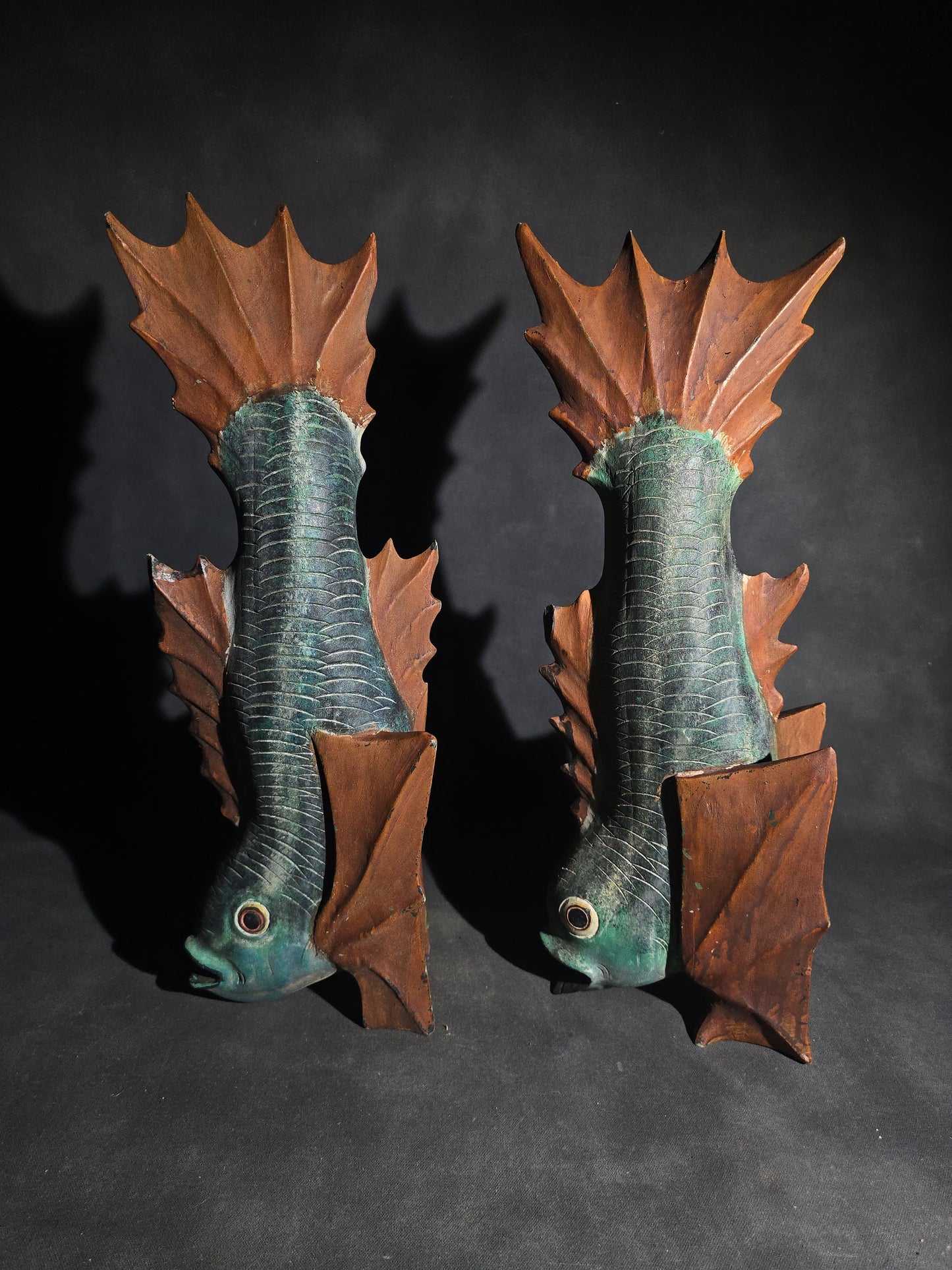 Pair of Vintage Folk Art Hand-Carved Painted Fish Figures with Glass Eyes, Signed "DL"