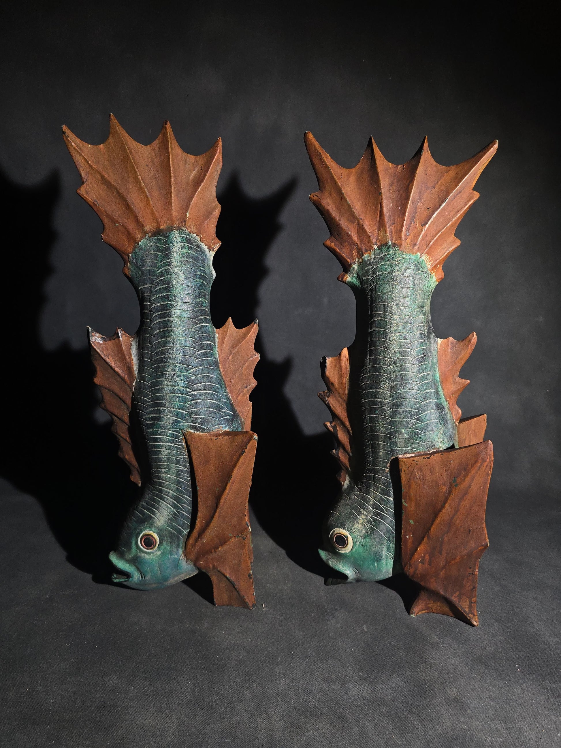 Pair of Vintage Folk Art Hand-Carved Painted Fish Figures with Glass Eyes, Signed "DL"