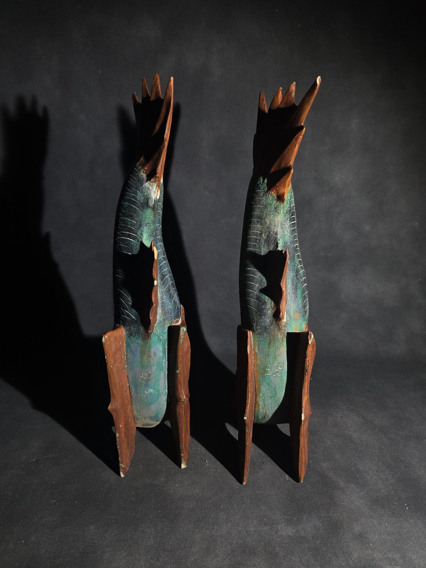 Pair of Vintage Folk Art Hand-Carved Painted Fish Figures with Glass Eyes, Signed "DL"