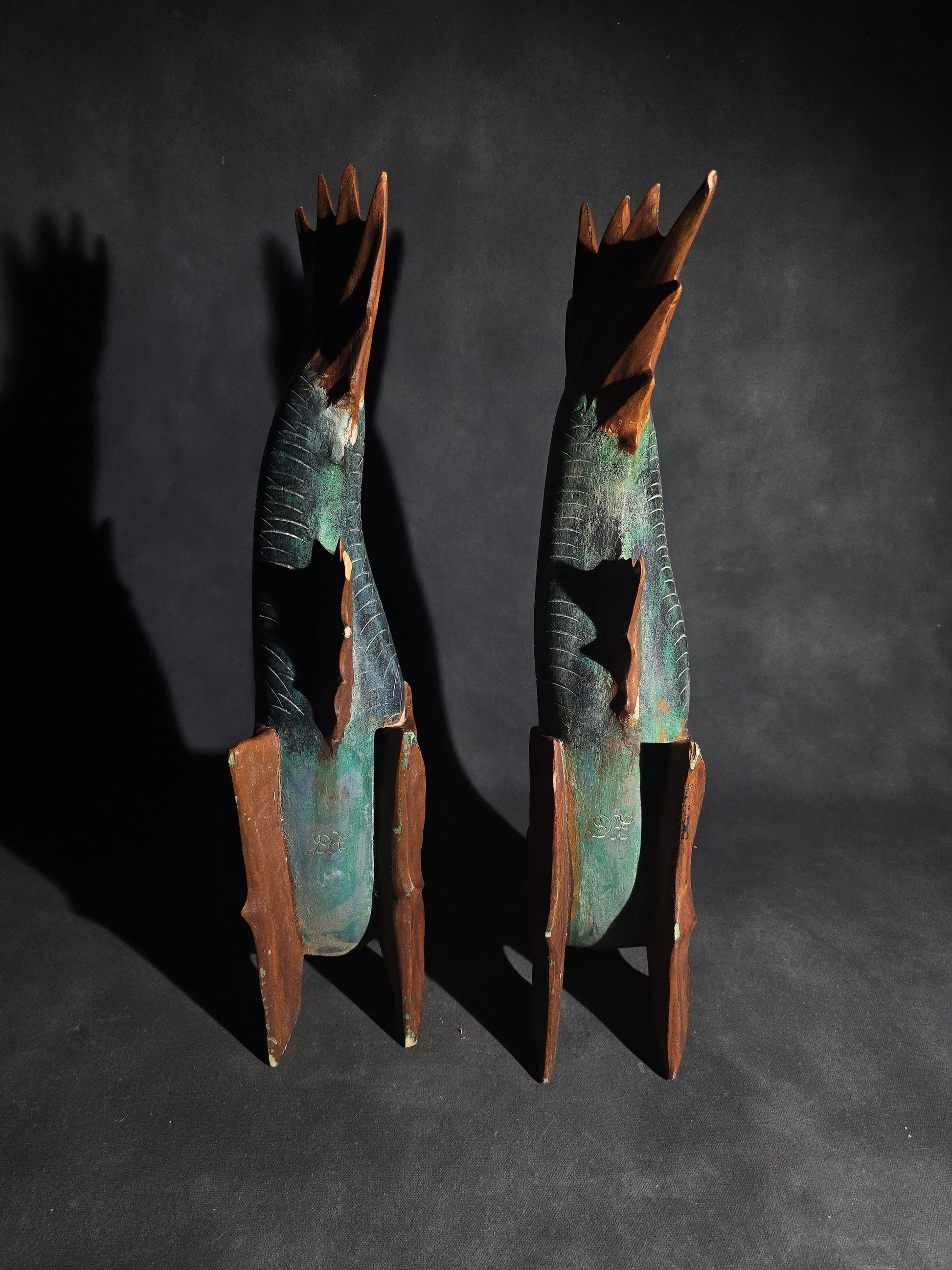 Pair of Vintage Folk Art Hand-Carved Painted Fish Figures with Glass Eyes, Signed "DL"