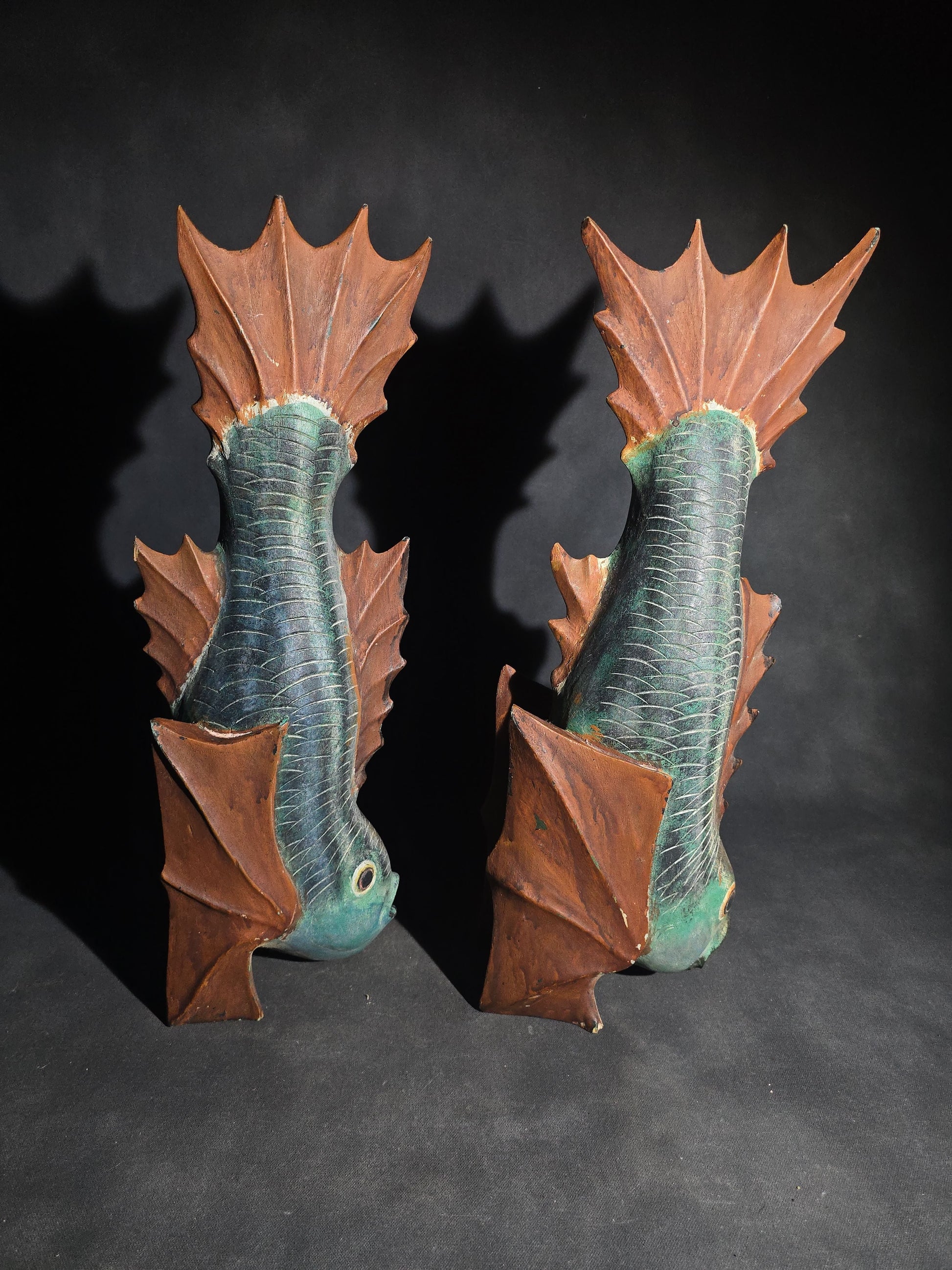 Pair of Vintage Folk Art Hand-Carved Painted Fish Figures with Glass Eyes, Signed "DL"