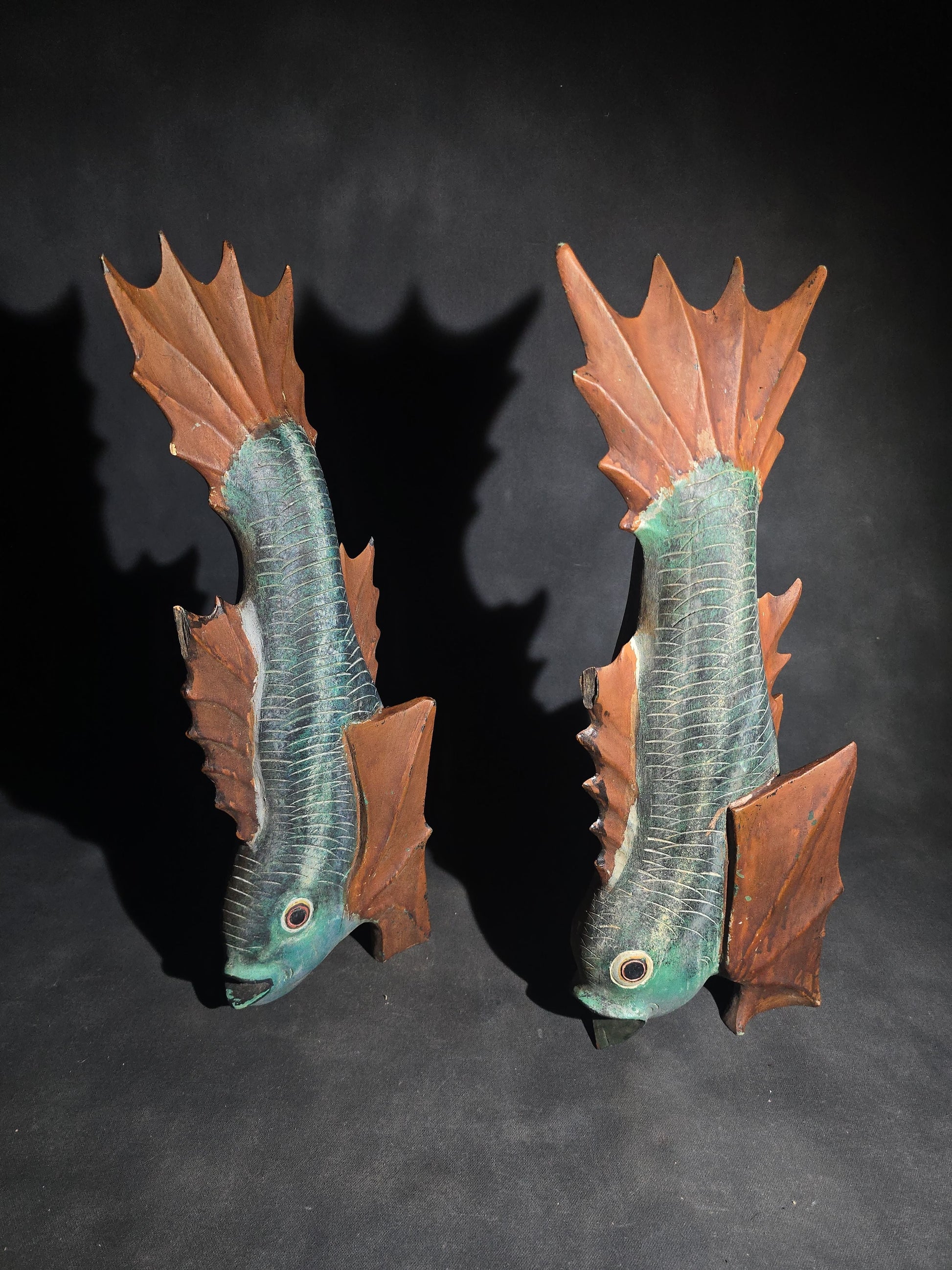 Pair of Vintage Folk Art Hand-Carved Painted Fish Figures with Glass Eyes, Signed "DL"