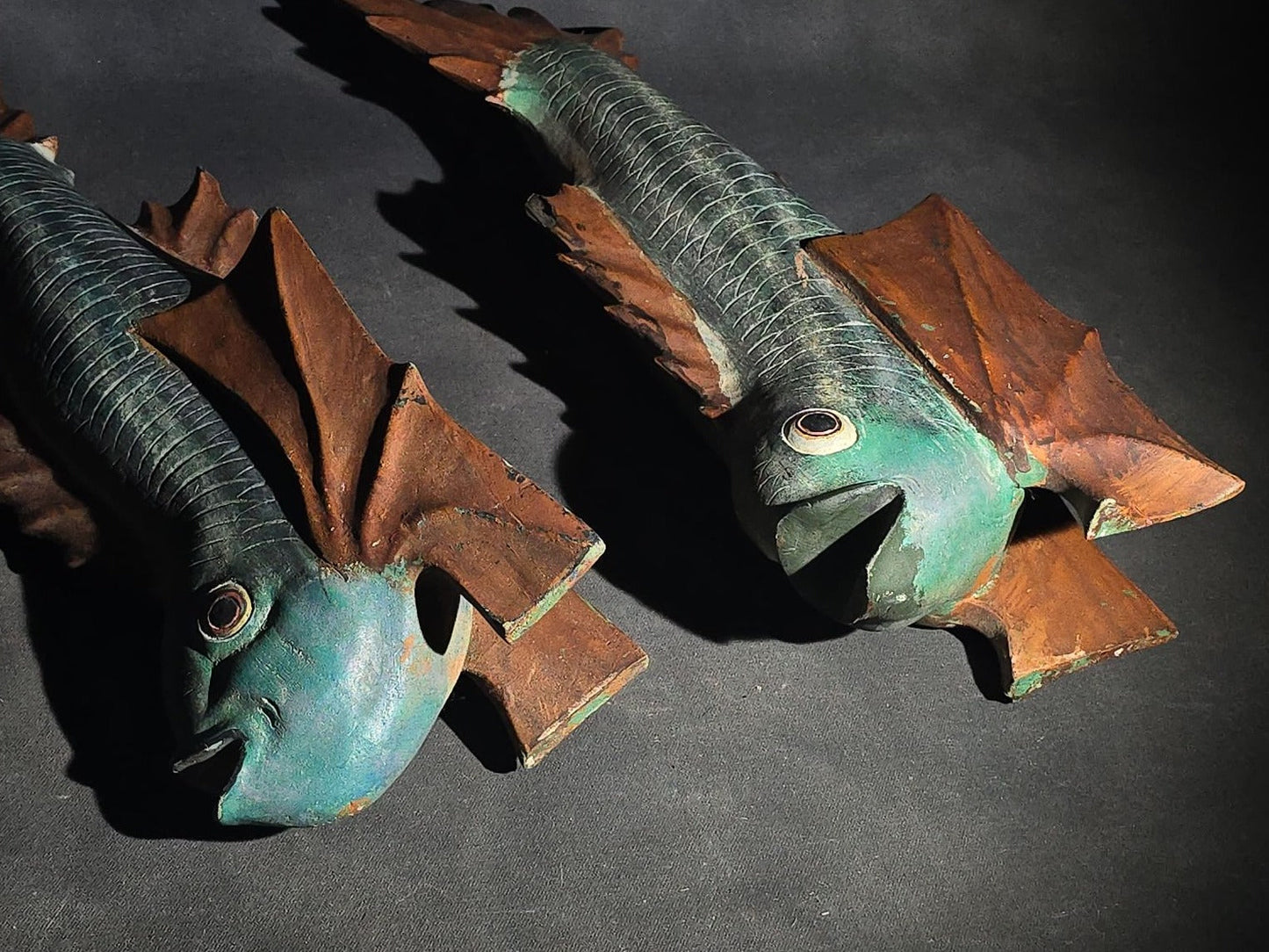Pair of Vintage Folk Art Hand-Carved Painted Fish Figures with Glass Eyes, Signed "DL"