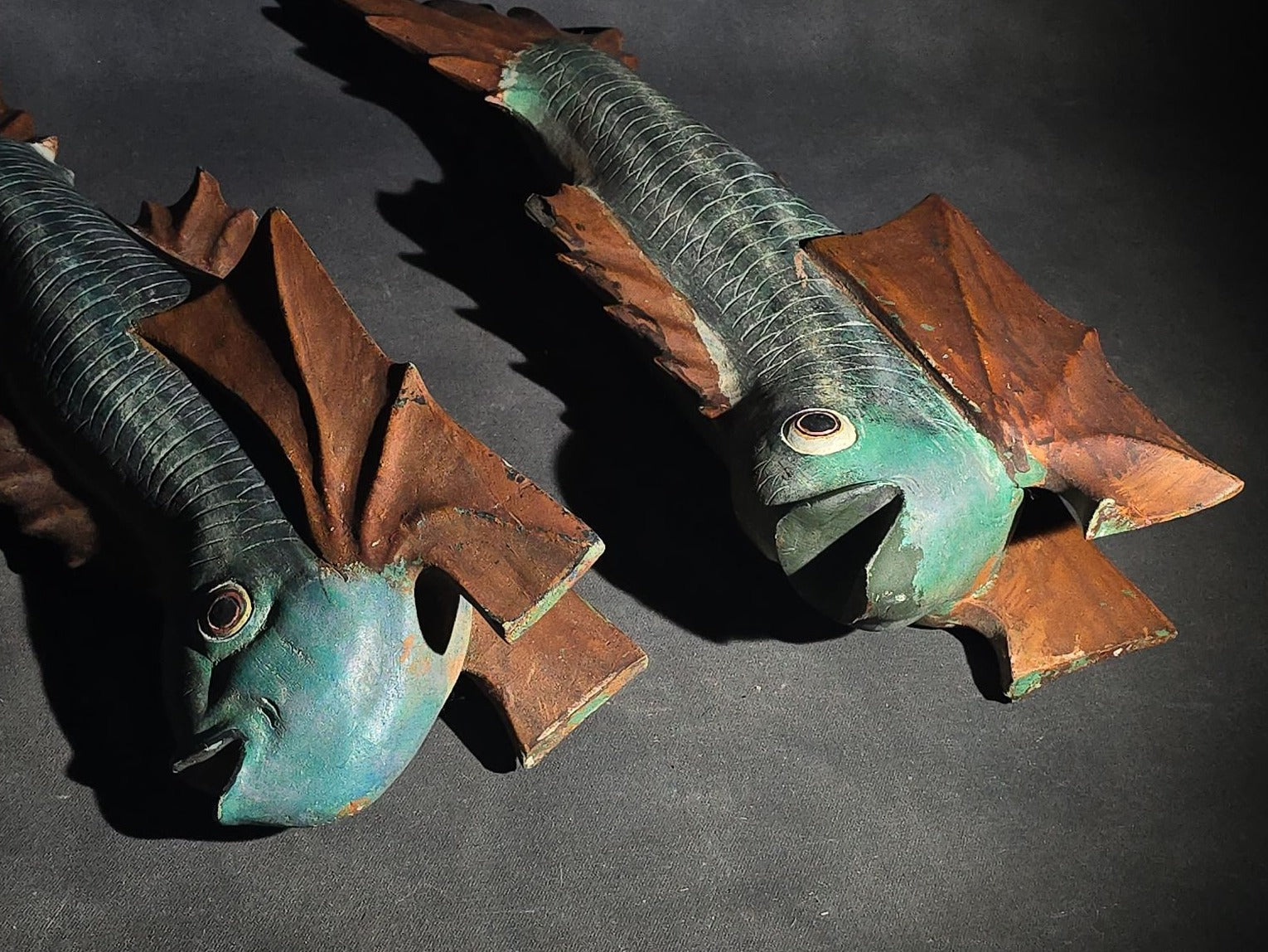Pair of Vintage Folk Art Hand-Carved Painted Fish Figures with Glass Eyes, Signed "DL"