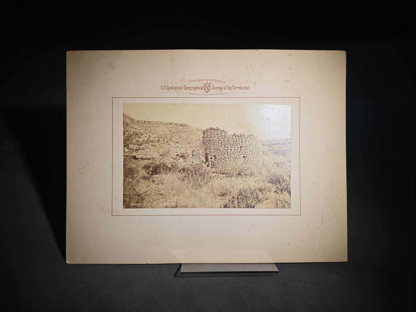 Antique Board-Mounted Albumen Photograph No. 158, "Ancient Ruins in the Canon of the Mancos," Ancestral Pueblo Stone Ruins, Photographed by William Henry Jackson, U.S. Geological and Geographical Survey of the Territories, F.V. Hayden, 1880