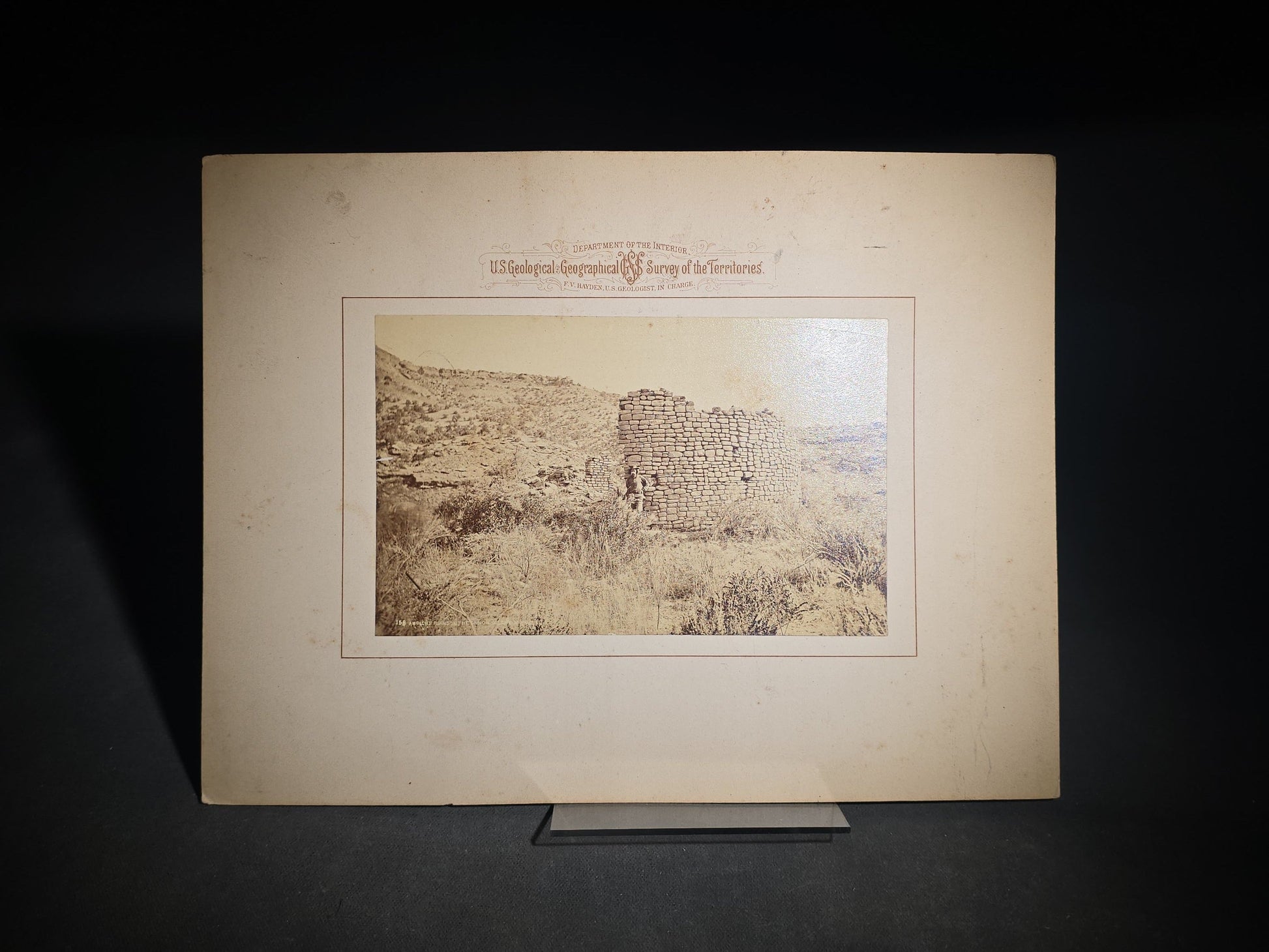 Antique Board-Mounted Albumen Photograph No. 158, "Ancient Ruins in the Canon of the Mancos," Ancestral Pueblo Stone Ruins, Photographed by William Henry Jackson, U.S. Geological and Geographical Survey of the Territories, F.V. Hayden, 1880