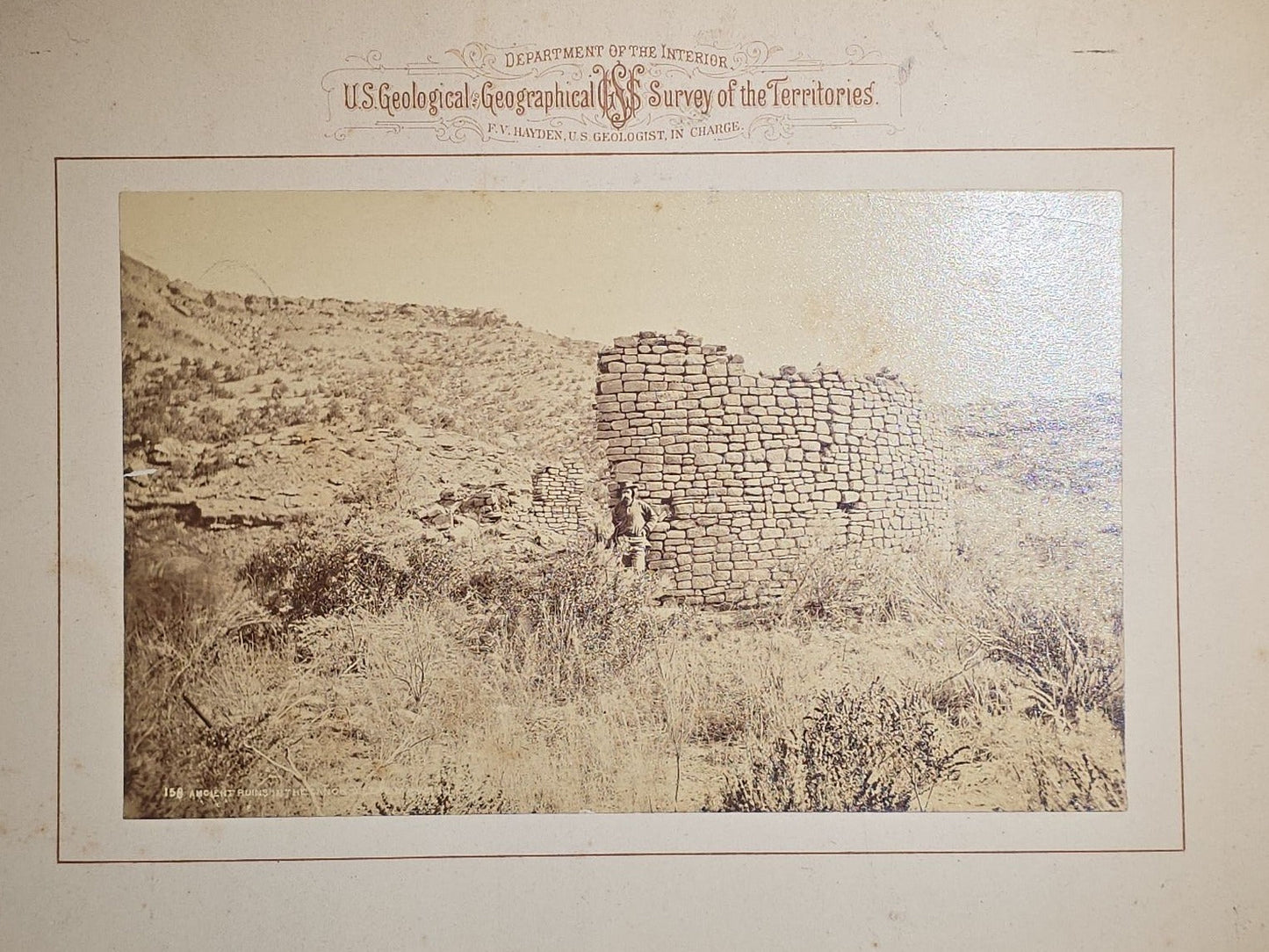 Antique Board-Mounted Albumen Photograph No. 158, "Ancient Ruins in the Canon of the Mancos," Ancestral Pueblo Stone Ruins, Photographed by William Henry Jackson, U.S. Geological and Geographical Survey of the Territories, F.V. Hayden, 1880