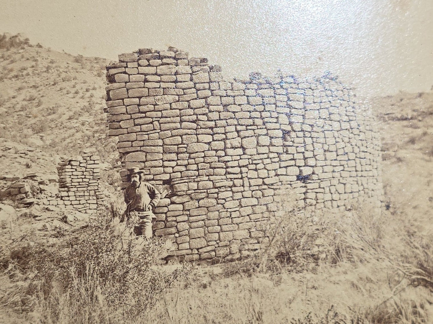 Antique Board-Mounted Albumen Photograph No. 158, "Ancient Ruins in the Canon of the Mancos," Ancestral Pueblo Stone Ruins, Photographed by William Henry Jackson, U.S. Geological and Geographical Survey of the Territories, F.V. Hayden, 1880