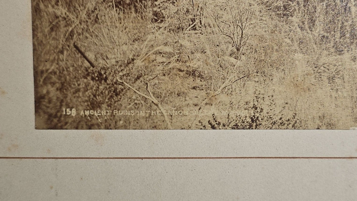Antique Board-Mounted Albumen Photograph No. 158, "Ancient Ruins in the Canon of the Mancos," Ancestral Pueblo Stone Ruins, Photographed by William Henry Jackson, U.S. Geological and Geographical Survey of the Territories, F.V. Hayden, 1880