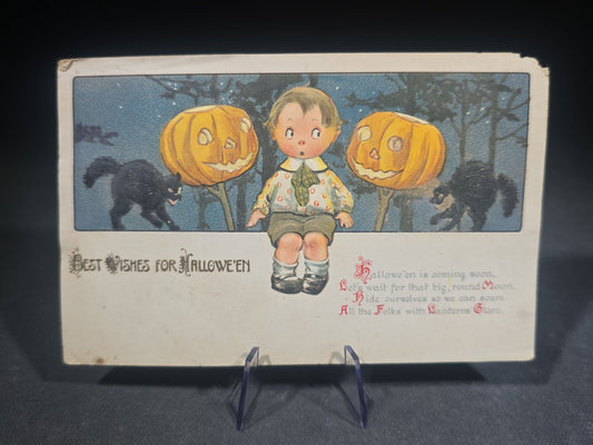 Antique Halloween Postcard with Child, Jack-O-Lanterns, and Black Cats, "Best Wishes for Hallowe'en," Series No. 2006, Published by Gottschalk, Dreyfuss & Davis, Produced in Germany, Postmarked 1913, New Bedford, Massachusetts