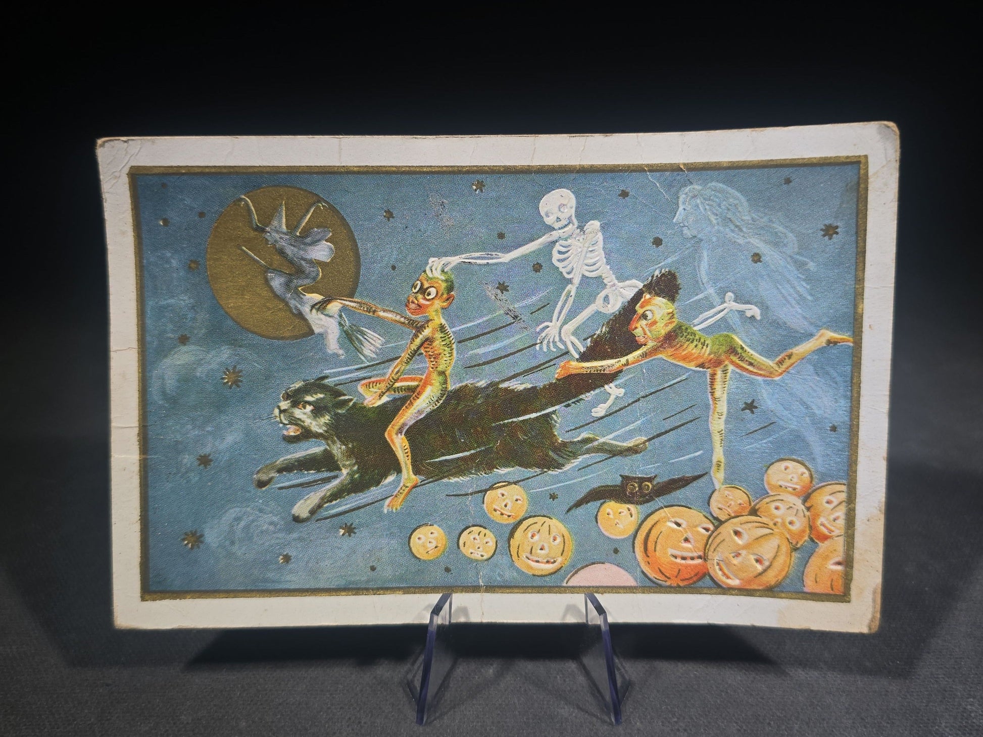 Antique Halloween Postcard with Black Cat, Skeleton, Ghost, Witch, Devils, and Jack-O-Lanterns, Gold Border, Postmarked 1912, New Bedford, Massachusetts