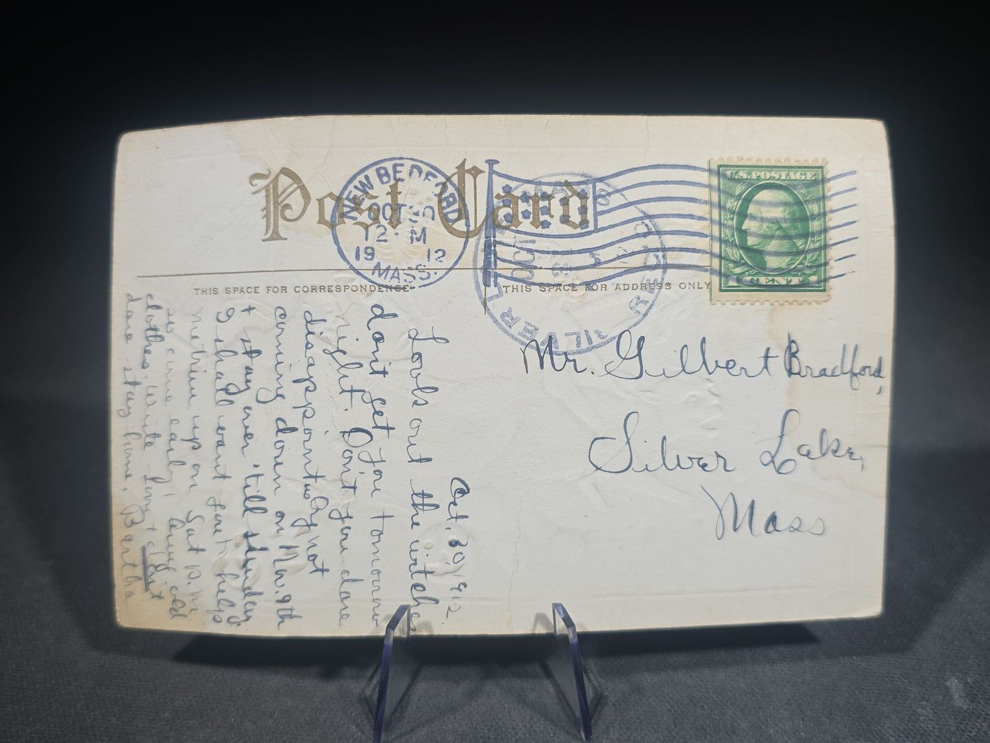 Antique Halloween Postcard with Black Cat, Skeleton, Ghost, Witch, Devils, and Jack-O-Lanterns, Gold Border, Postmarked 1912, New Bedford, Massachusetts