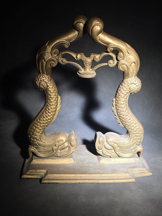 Vintage Brass Figural Dolphin Ship's Bell Stand with Flanking Sea Serpents, Missing Bell