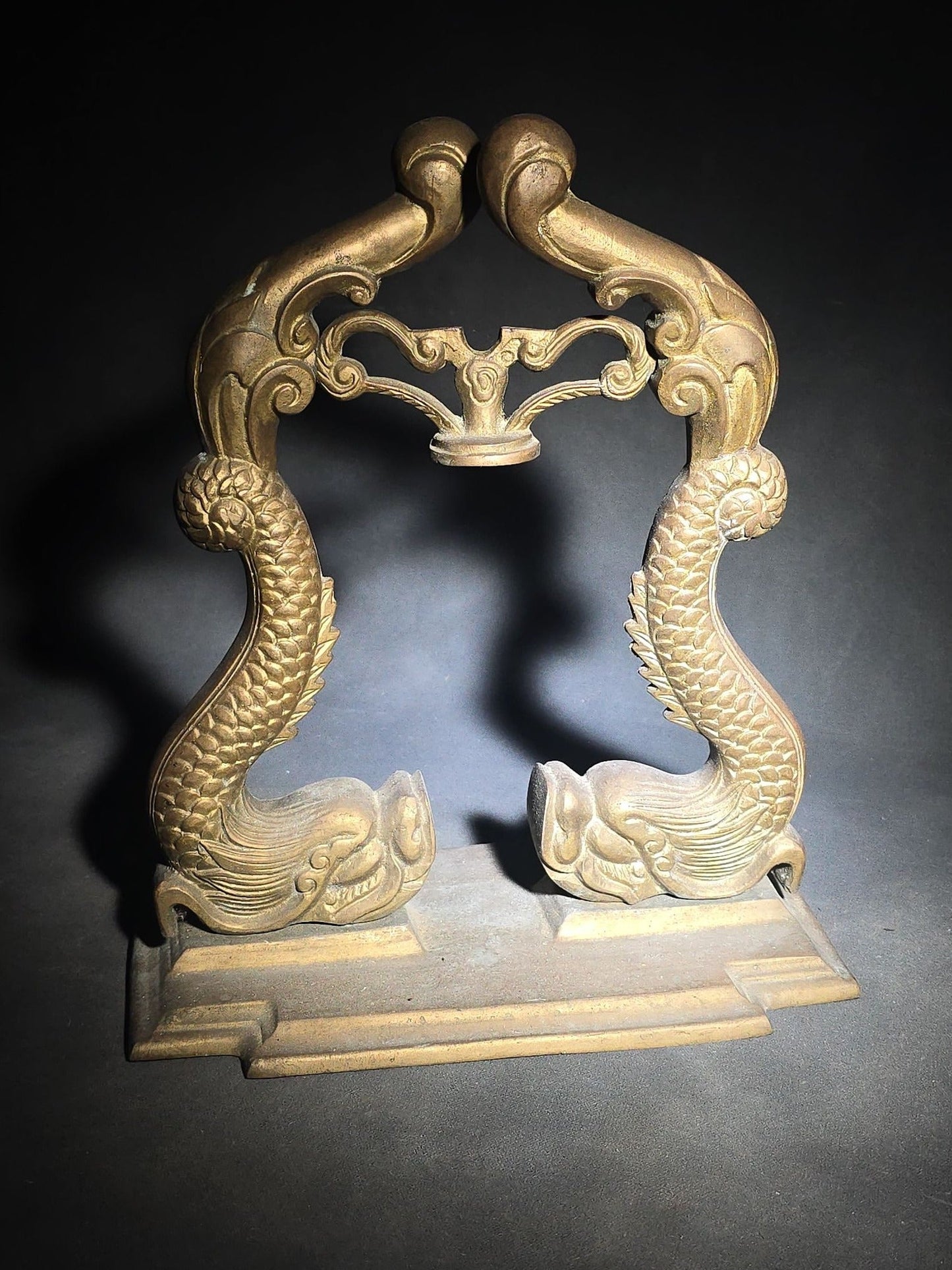 Vintage Brass Figural Dolphin Ship's Bell Stand with Flanking Sea Serpents, Missing Bell
