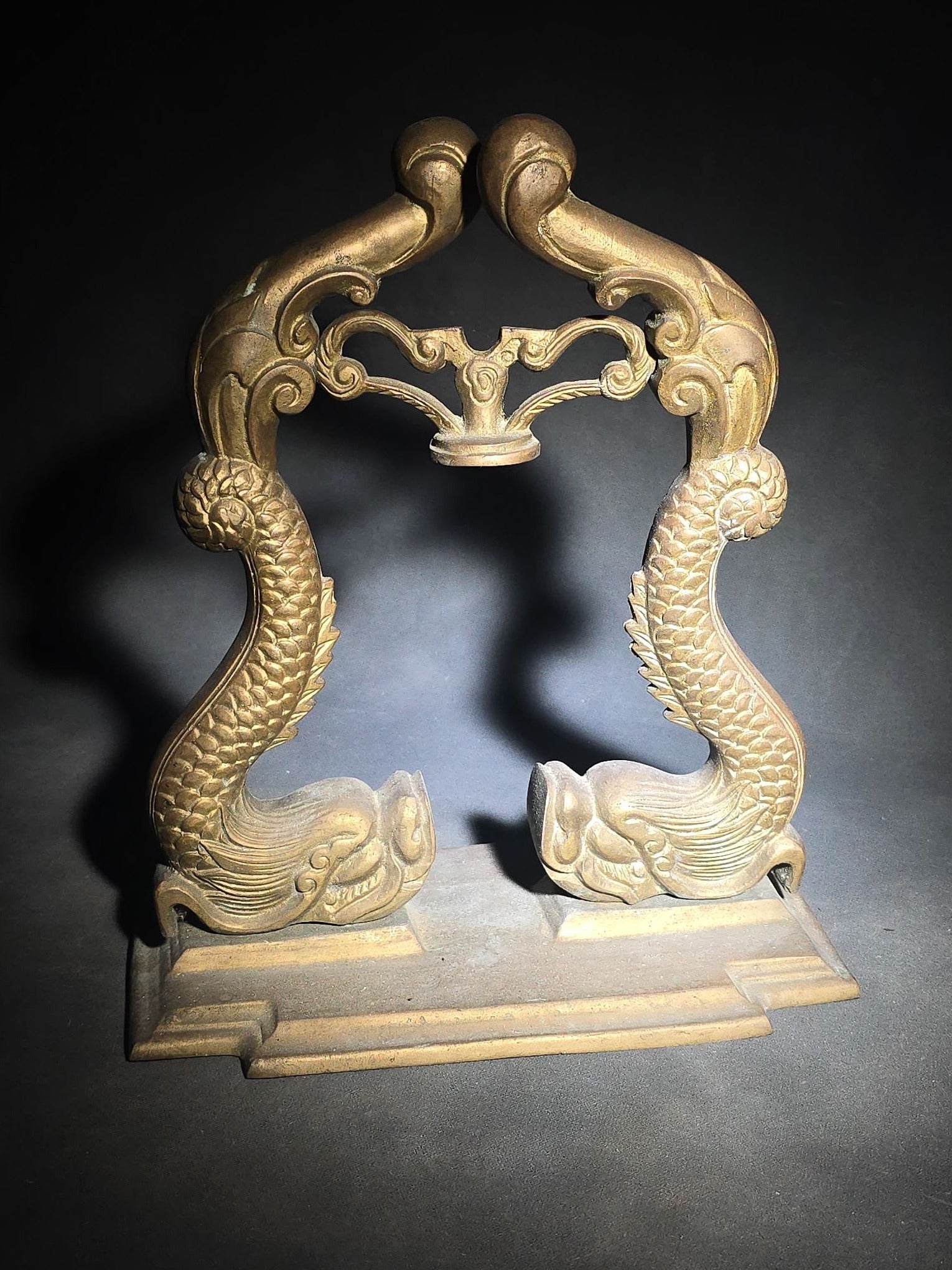Vintage Brass Figural Dolphin Ship's Bell Stand with Flanking Sea Serpents, Missing Bell