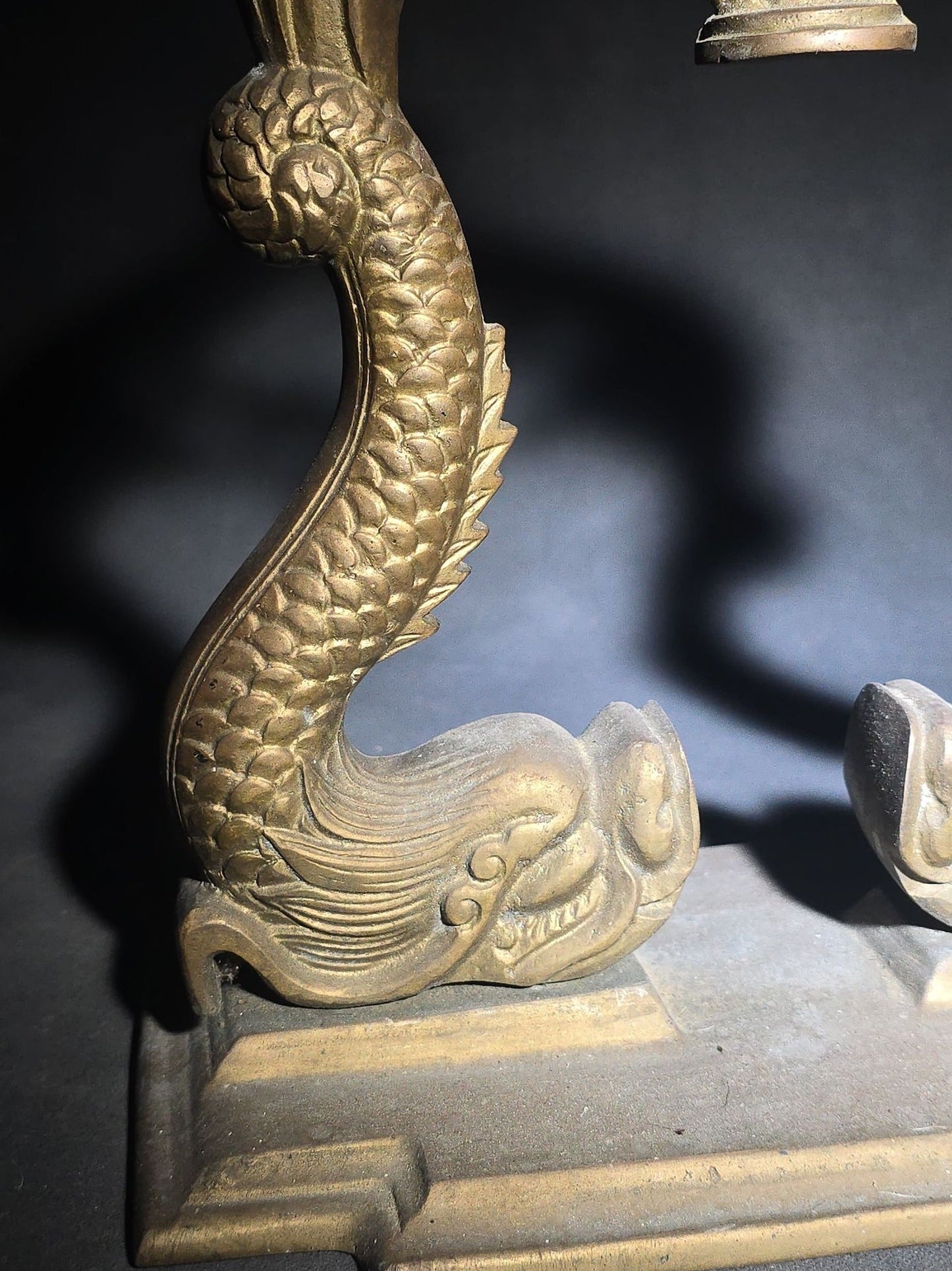 Vintage Brass Figural Dolphin Ship's Bell Stand with Flanking Sea Serpents, Missing Bell