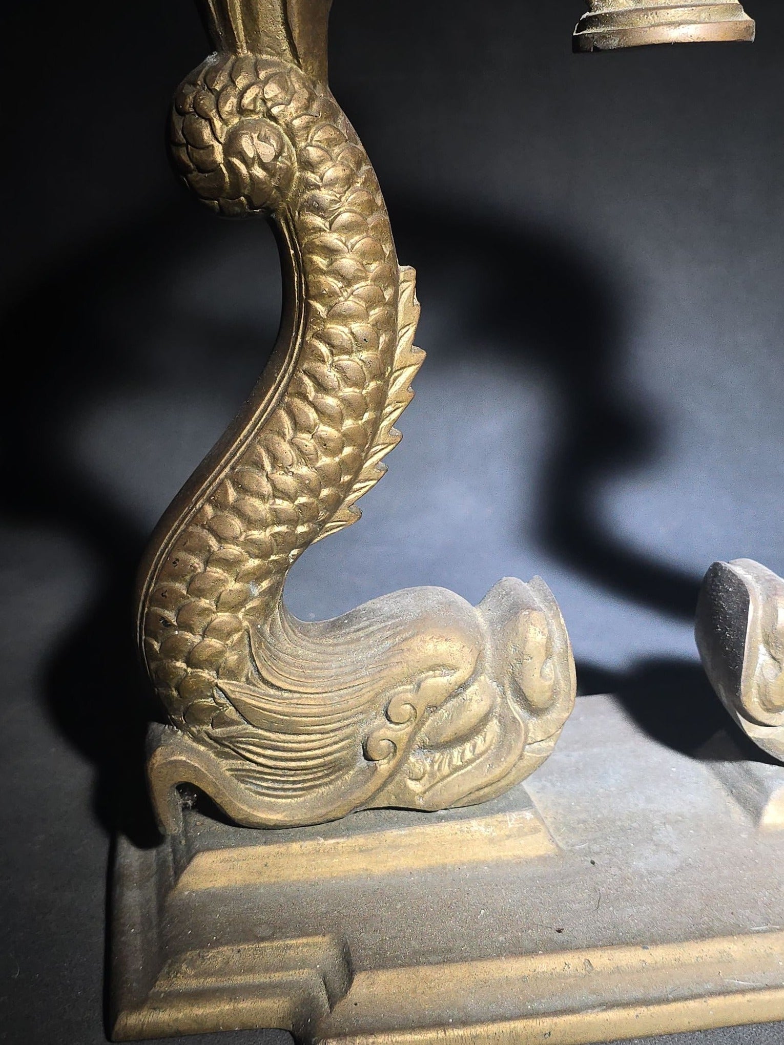 Vintage Brass Figural Dolphin Ship's Bell Stand with Flanking Sea Serpents, Missing Bell
