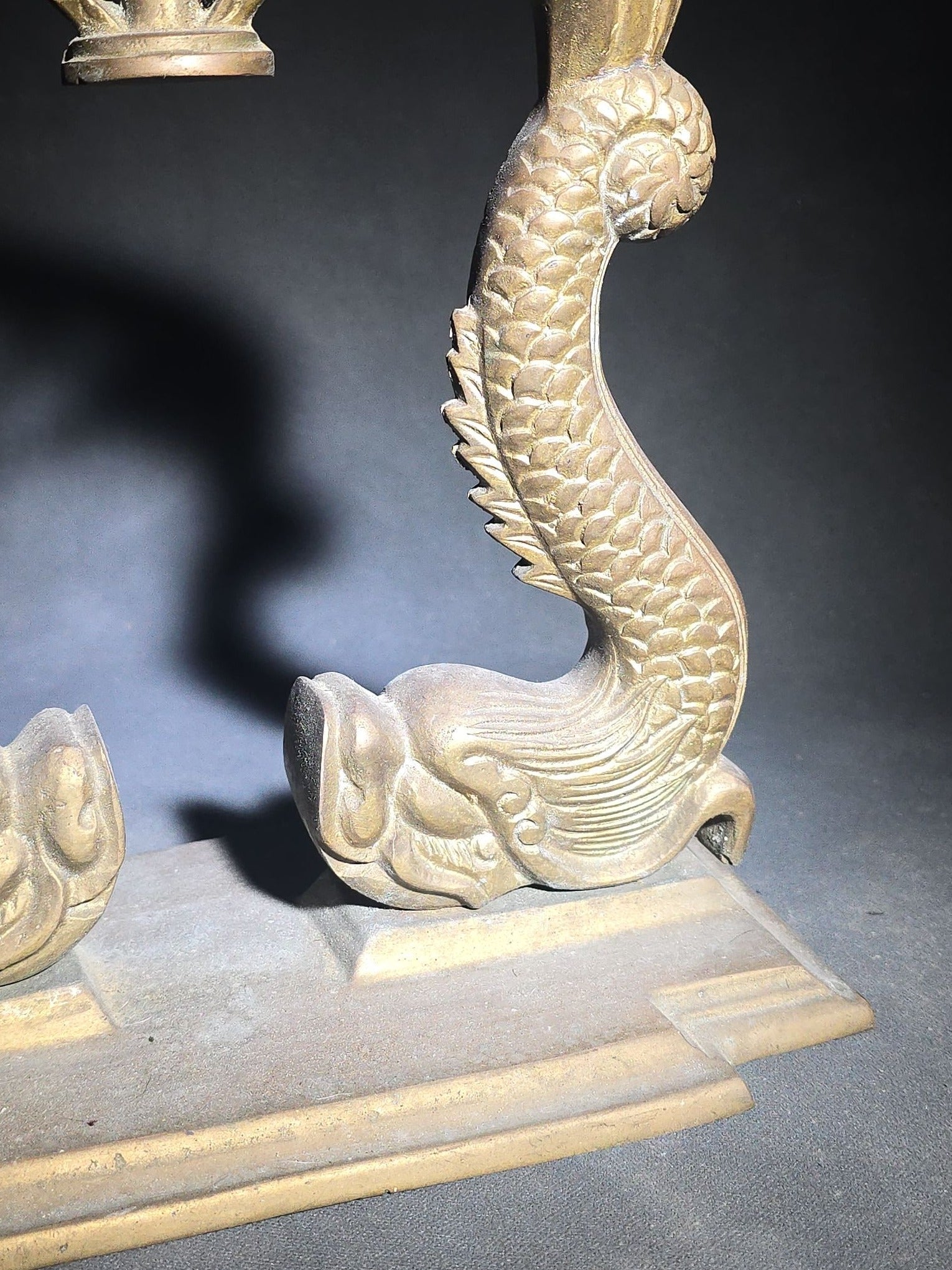 Vintage Brass Figural Dolphin Ship's Bell Stand with Flanking Sea Serpents, Missing Bell