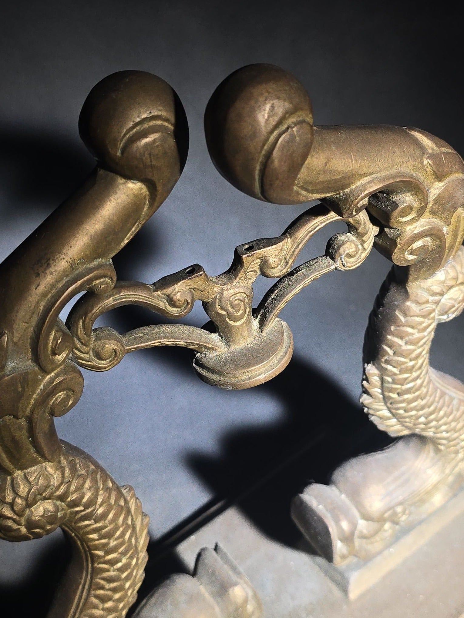 Vintage Brass Figural Dolphin Ship's Bell Stand with Flanking Sea Serpents, Missing Bell
