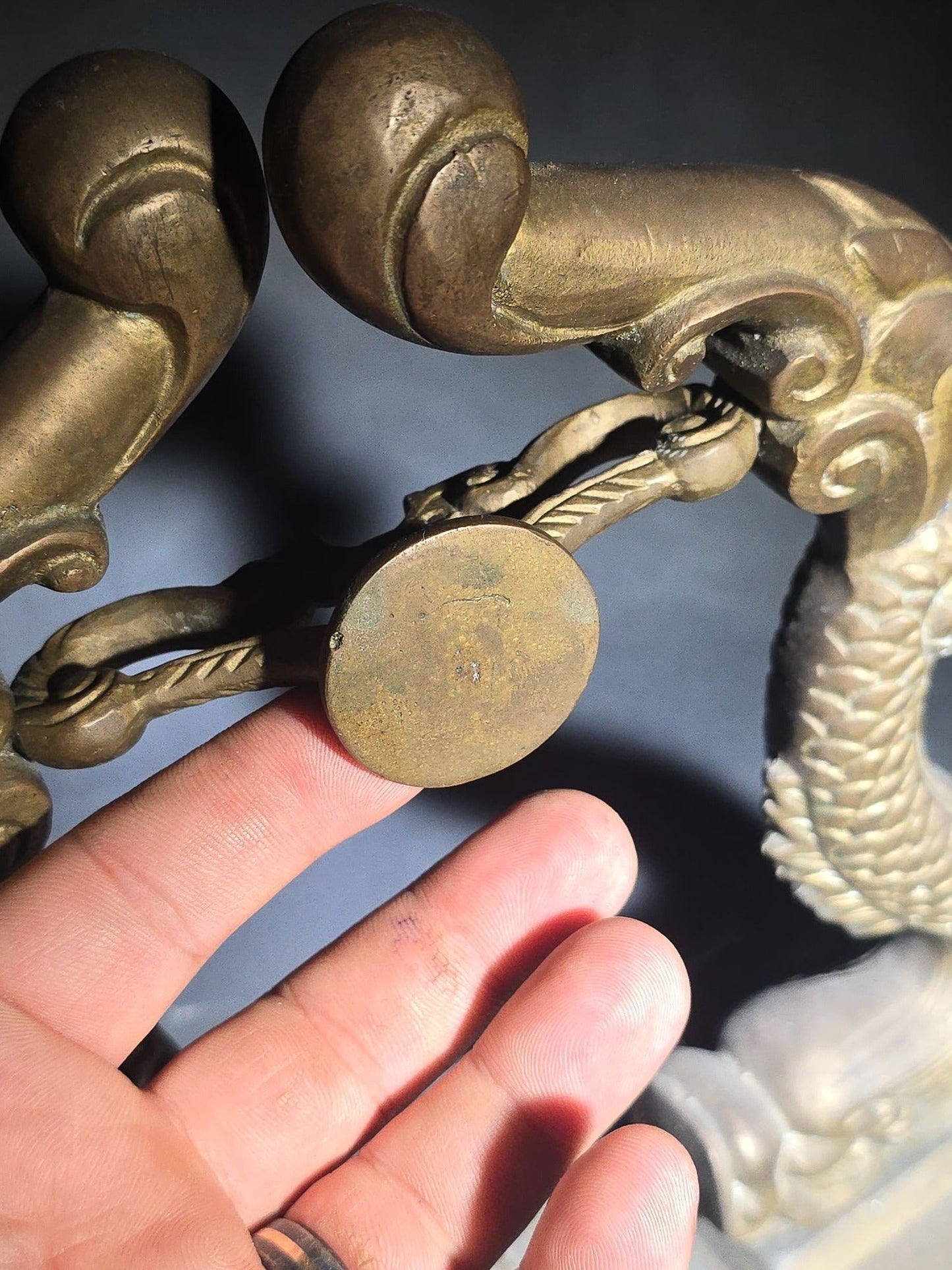 Vintage Brass Figural Dolphin Ship's Bell Stand with Flanking Sea Serpents, Missing Bell