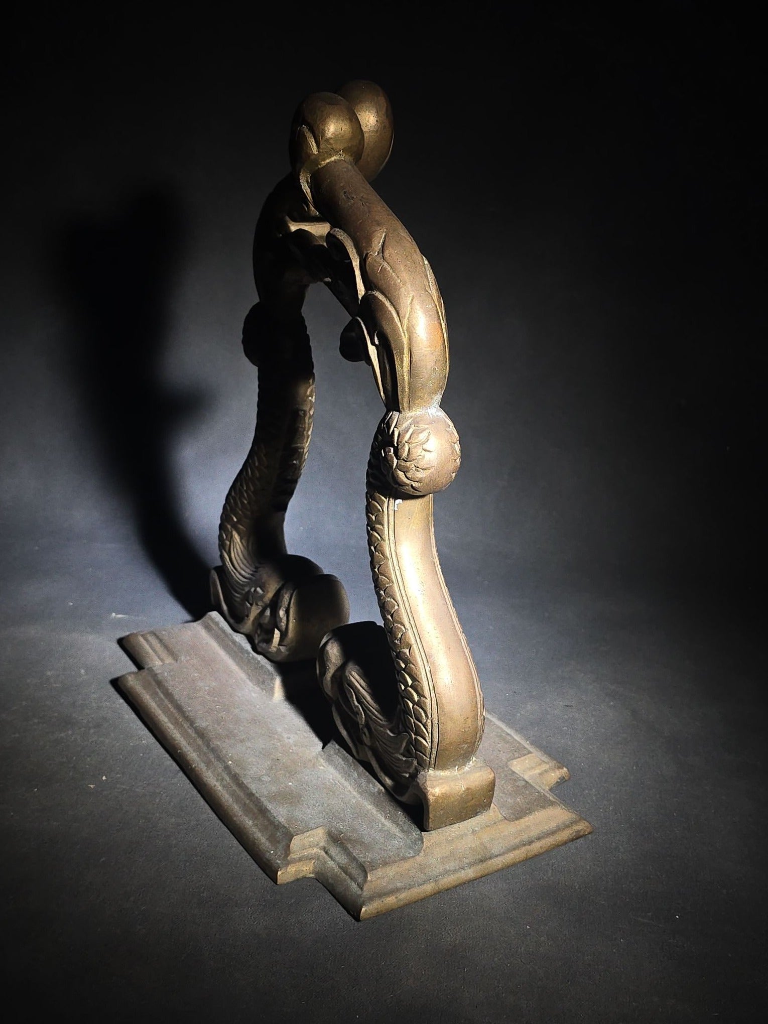 Vintage Brass Figural Dolphin Ship's Bell Stand with Flanking Sea Serpents, Missing Bell