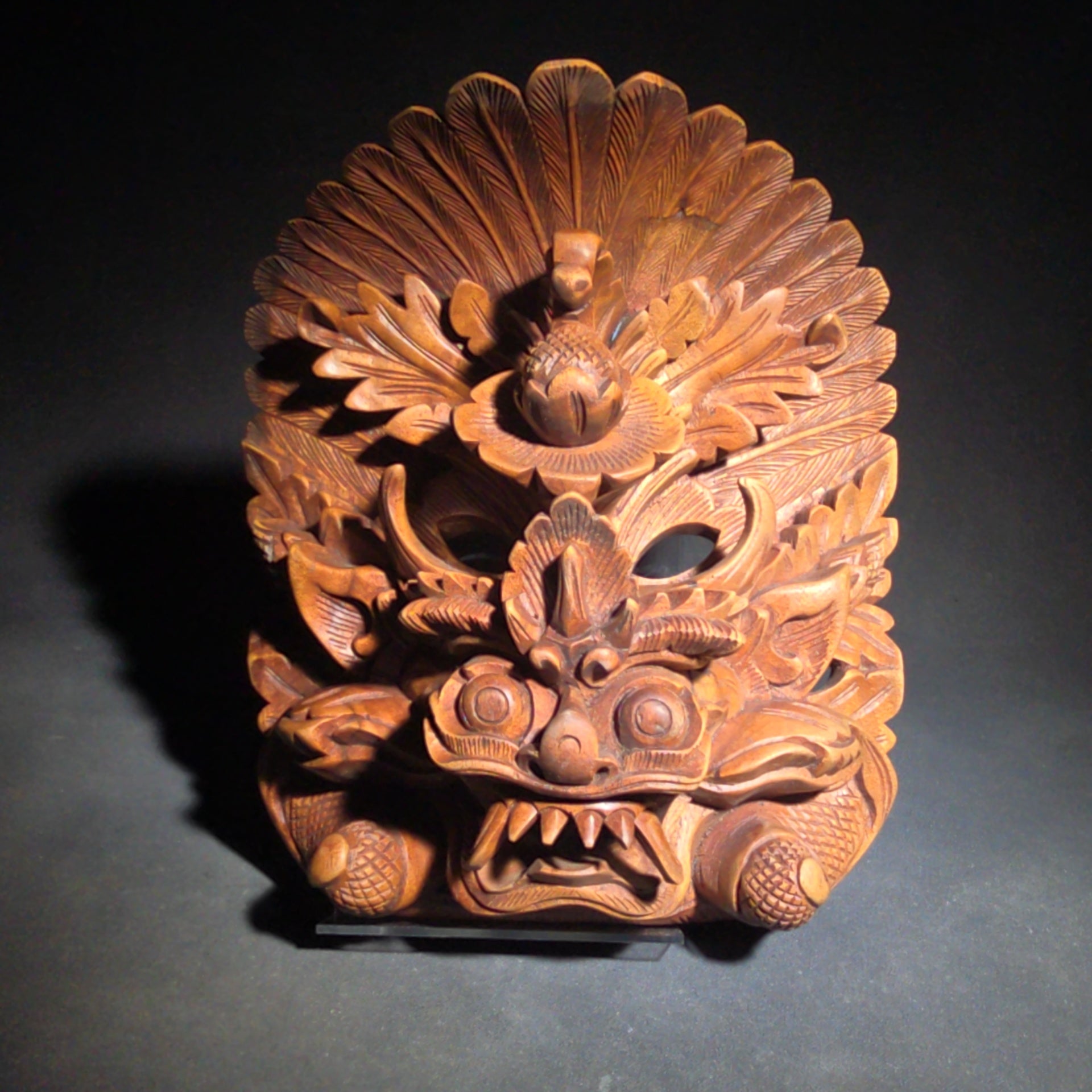Vintage Carved Wood Balinese Barong Mask with Feathered Crest, Fangs