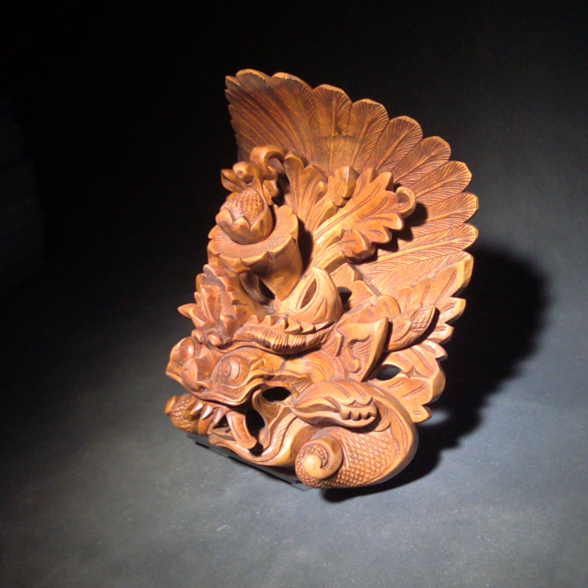 Vintage Carved Wood Balinese Barong Mask with Feathered Crest, Fangs