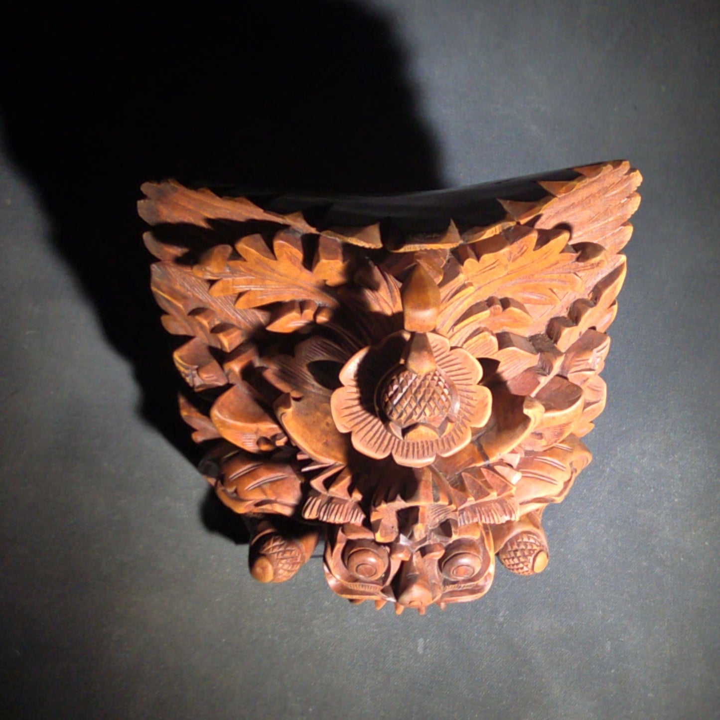 Vintage Carved Wood Balinese Barong Mask with Feathered Crest, Fangs