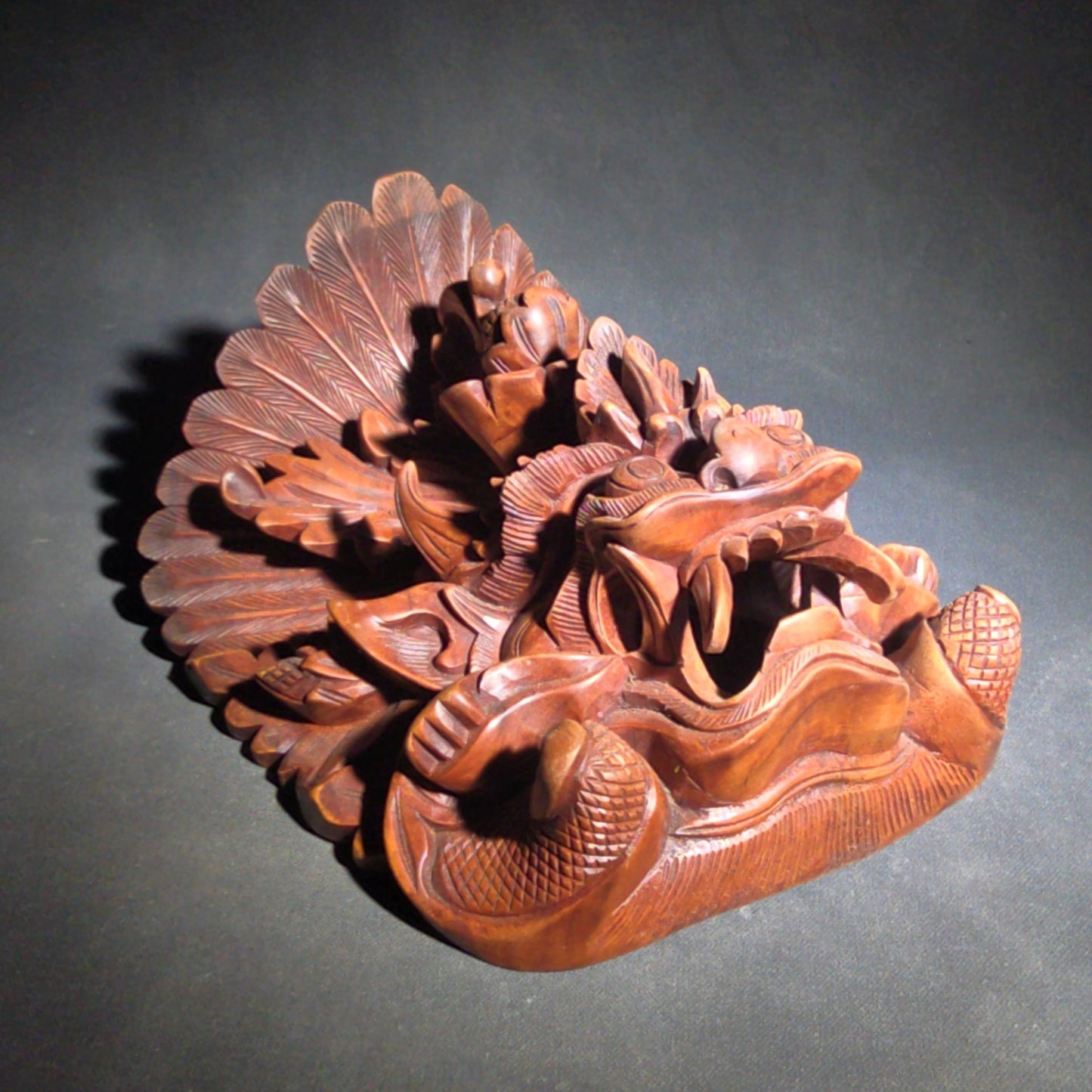 Vintage Carved Wood Balinese Barong Mask with Feathered Crest, Fangs