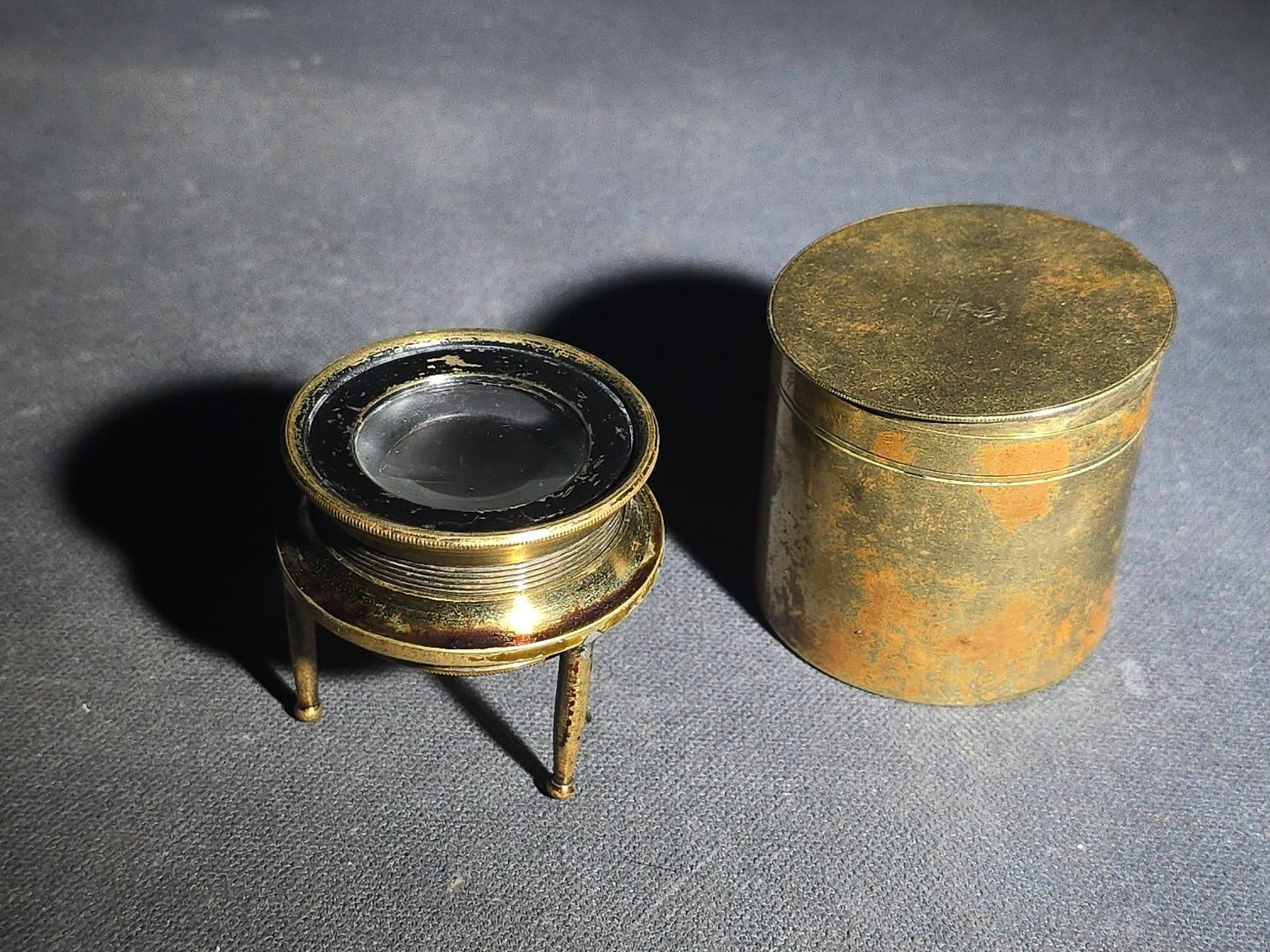 Antique Brass Tripod Map Reader Loupe with Cylindrical Storage Canister, "Try Me" Trademark, Manufactured by J.P. Cutts, Sutton, & Son, Sheffield, England, Circa 1870