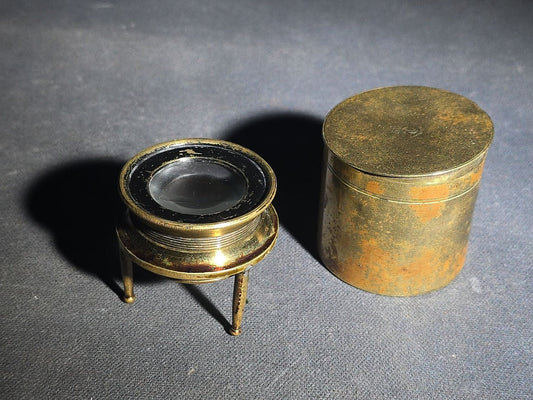 Antique Brass Tripod Map Reader Loupe with Cylindrical Storage Canister, "Try Me" Trademark, Manufactured by J.P. Cutts, Sutton, & Son, Sheffield, England, Circa 1870
