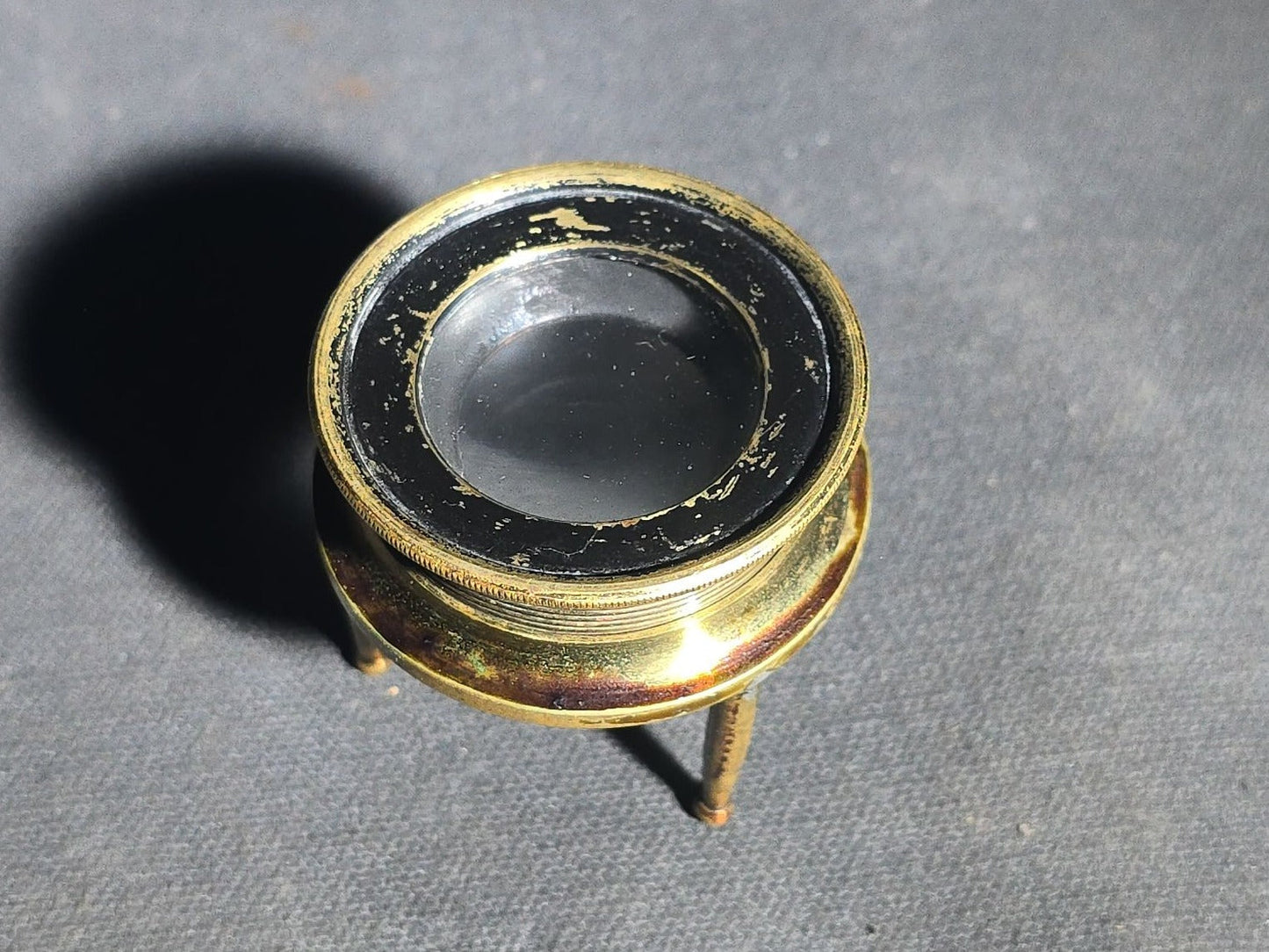 Antique Brass Tripod Map Reader Loupe with Cylindrical Storage Canister, "Try Me" Trademark, Manufactured by J.P. Cutts, Sutton, & Son, Sheffield, England, Circa 1870