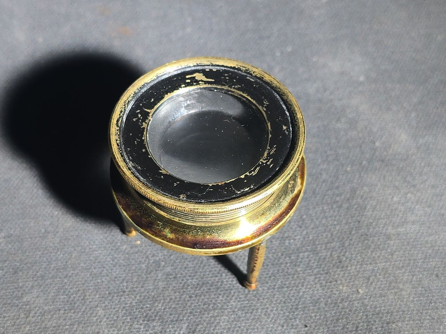 Antique Brass Tripod Map Reader Loupe with Cylindrical Storage Canister, "Try Me" Trademark, Manufactured by J.P. Cutts, Sutton, & Son, Sheffield, England, Circa 1870