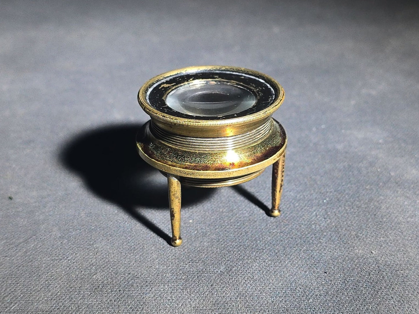 Antique Brass Tripod Map Reader Loupe with Cylindrical Storage Canister, "Try Me" Trademark, Manufactured by J.P. Cutts, Sutton, & Son, Sheffield, England, Circa 1870