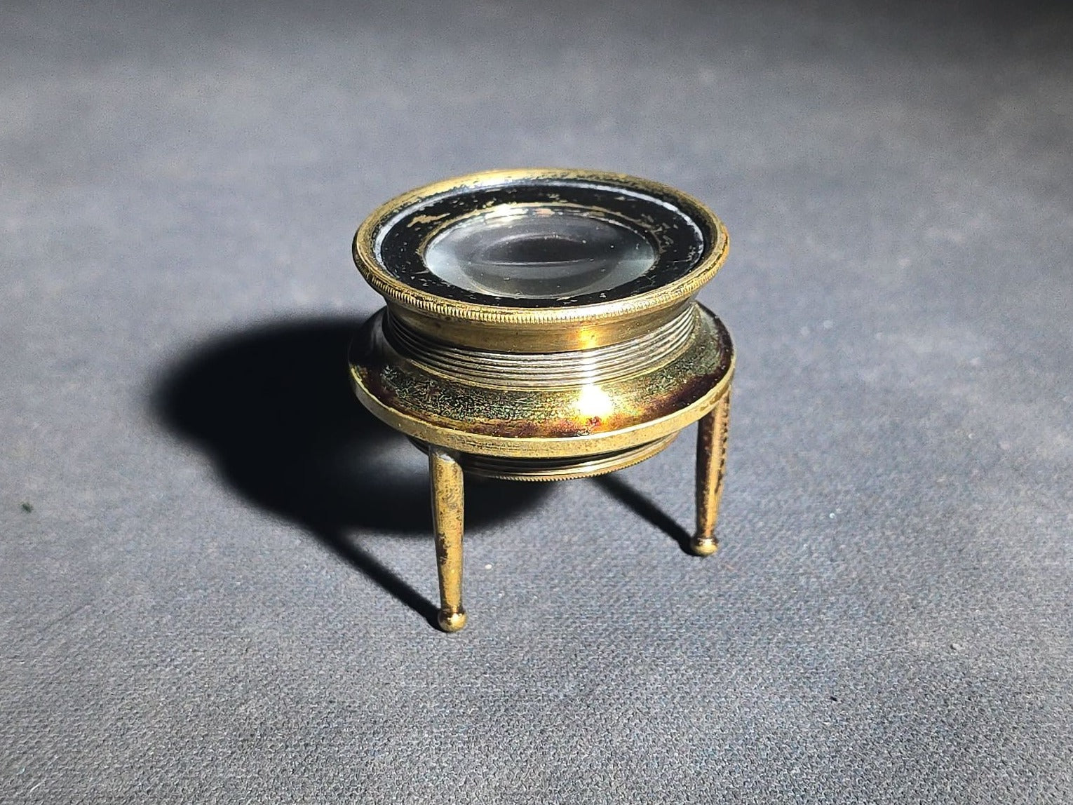 Antique Brass Tripod Map Reader Loupe with Cylindrical Storage Canister, "Try Me" Trademark, Manufactured by J.P. Cutts, Sutton, & Son, Sheffield, England, Circa 1870