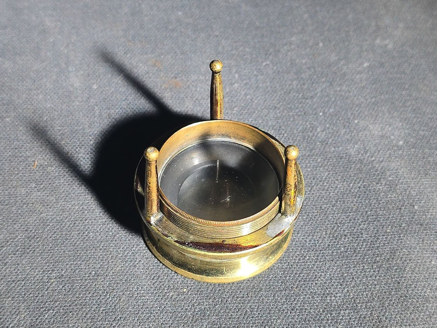 Antique Brass Tripod Map Reader Loupe with Cylindrical Storage Canister, "Try Me" Trademark, Manufactured by J.P. Cutts, Sutton, & Son, Sheffield, England, Circa 1870