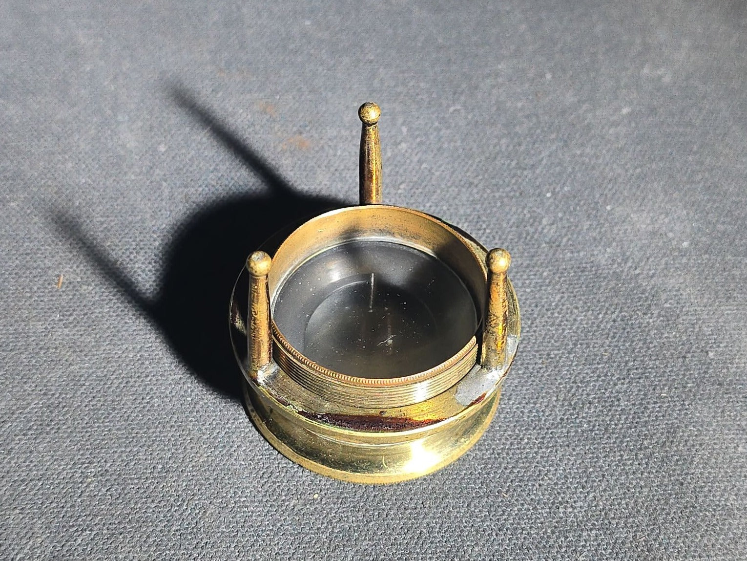 Antique Brass Tripod Map Reader Loupe with Cylindrical Storage Canister, "Try Me" Trademark, Manufactured by J.P. Cutts, Sutton, & Son, Sheffield, England, Circa 1870