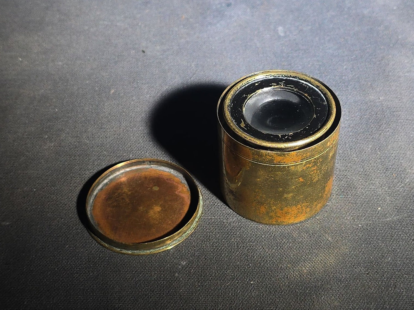 Antique Brass Tripod Map Reader Loupe with Cylindrical Storage Canister, "Try Me" Trademark, Manufactured by J.P. Cutts, Sutton, & Son, Sheffield, England, Circa 1870