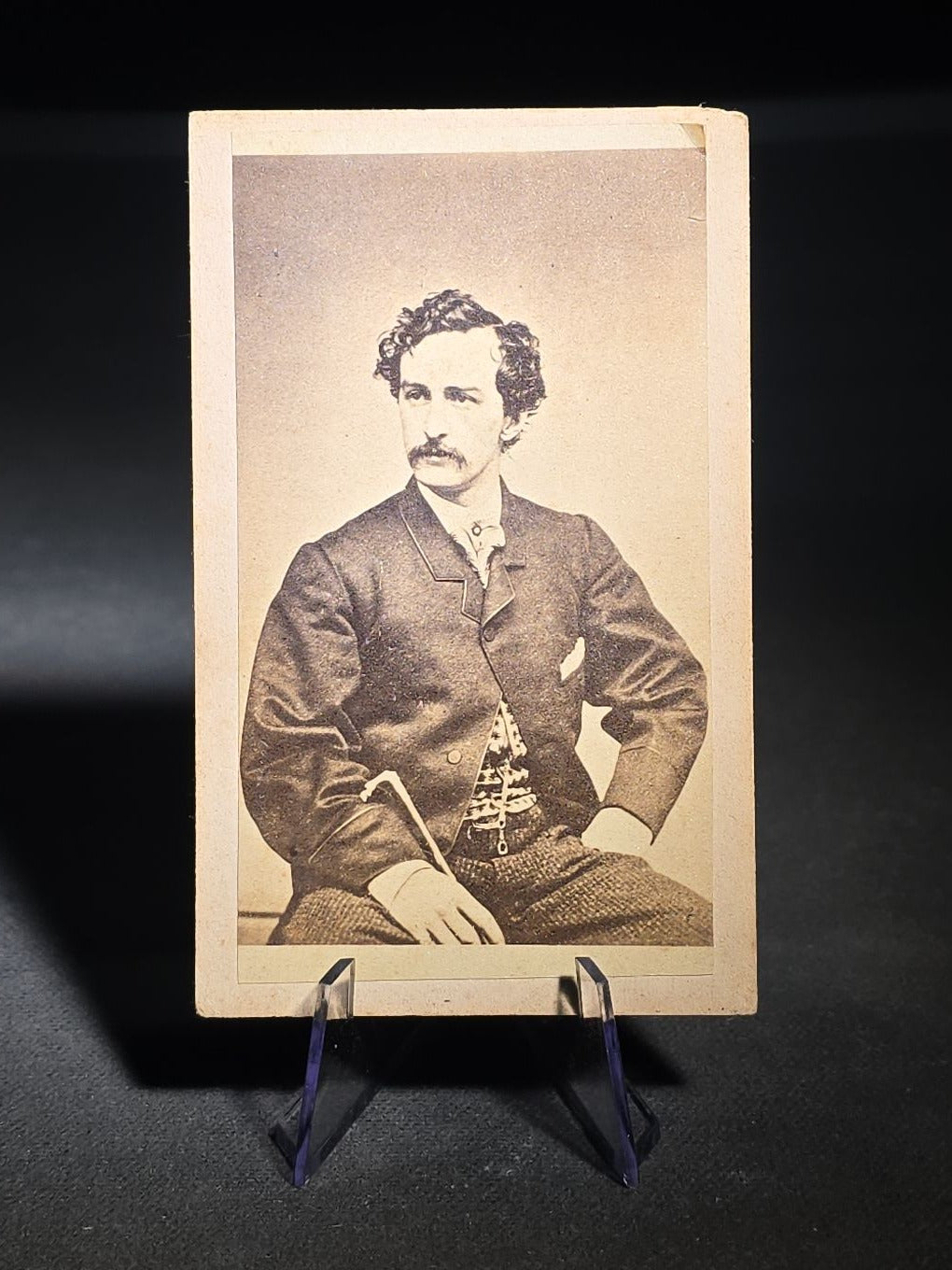 Antique Carte de Visite C.D.V. Photograph of John Wilkes Booth, Seated Portrait with Cane, Pen-Inscribed Verso