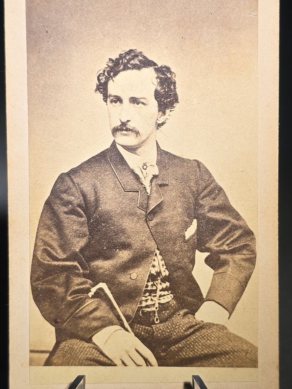 Antique Carte de Visite C.D.V. Photograph of John Wilkes Booth, Seated Portrait with Cane, Pen-Inscribed Verso