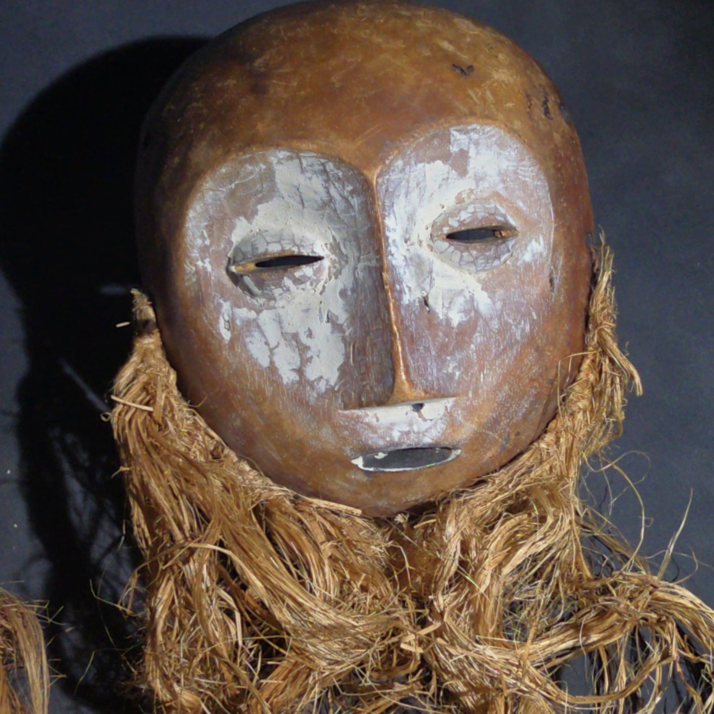 Pair of Vintage Lega Lukwakongo Carved Wood Masks with Raffia Beards, Democratic Republic of the Congo