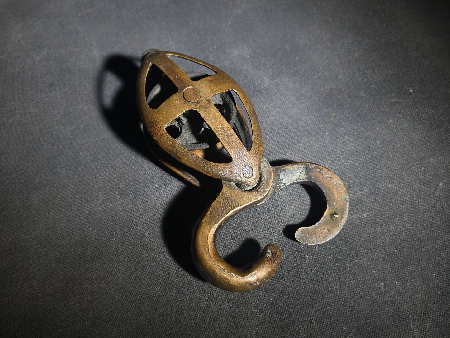 Vintage Brass Caged Ship's Pulley Block with Sister Hook