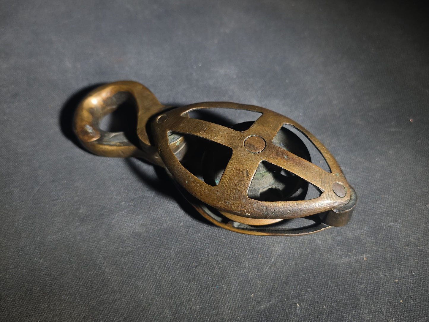 Vintage Brass Caged Ship's Pulley Block with Sister Hook