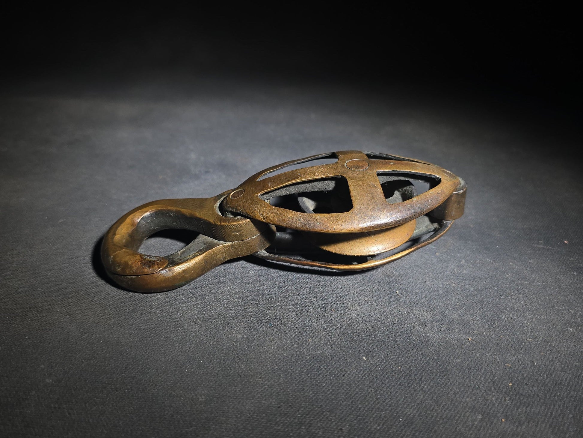 Vintage Brass Caged Ship's Pulley Block with Sister Hook