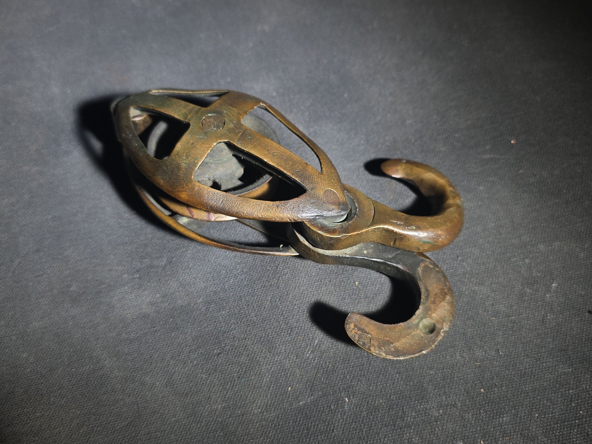 Vintage Brass Caged Ship's Pulley Block with Sister Hook