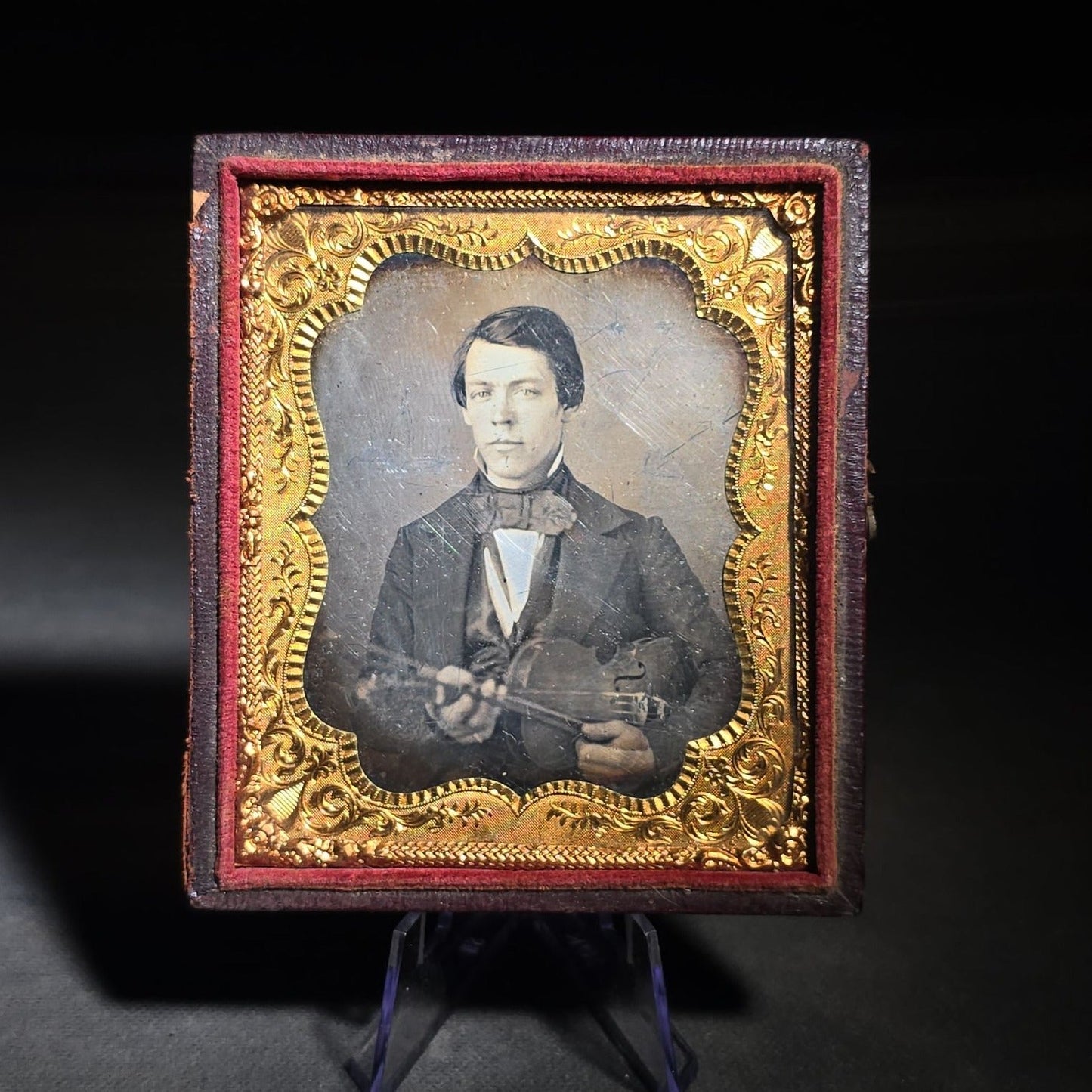 Antique 1/6th Plate Daguerreotype Photograph of a Young Man Holding a Violin in Half Leatherette Case