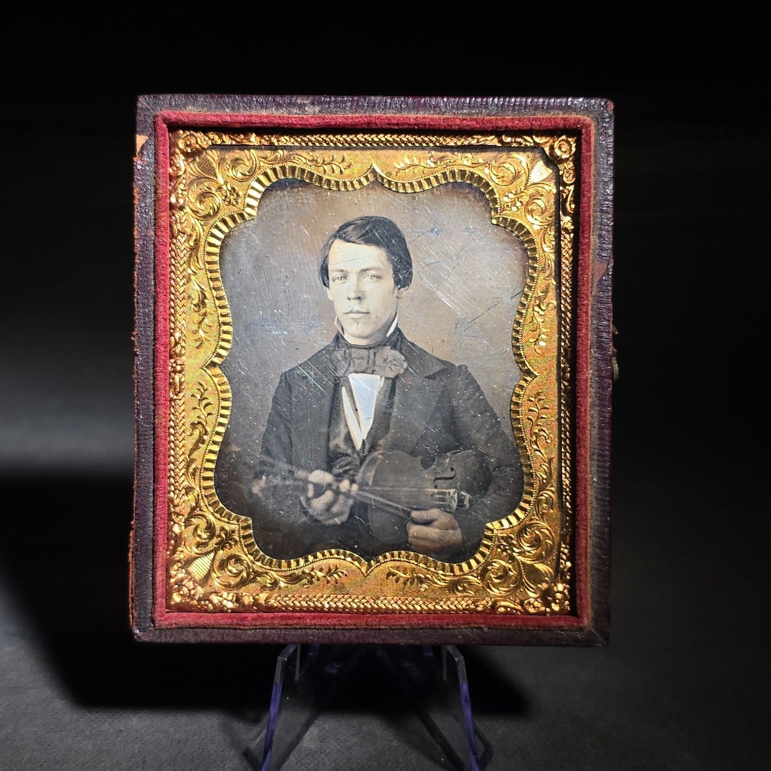 Antique 1/6th Plate Daguerreotype Photograph of a Young Man Holding a Violin in Half Leatherette Case