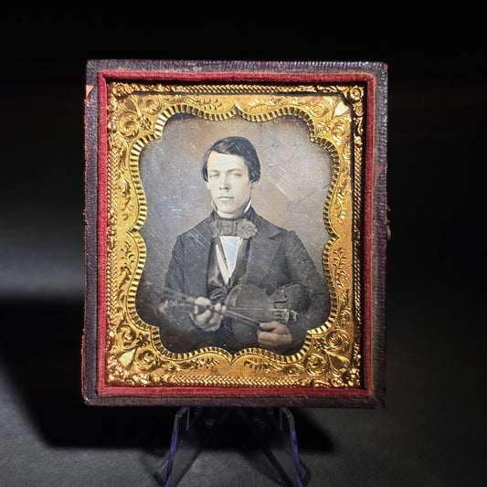 Antique 1/6th Plate Daguerreotype Photograph of a Young Man Holding a Violin in Half Leatherette Case